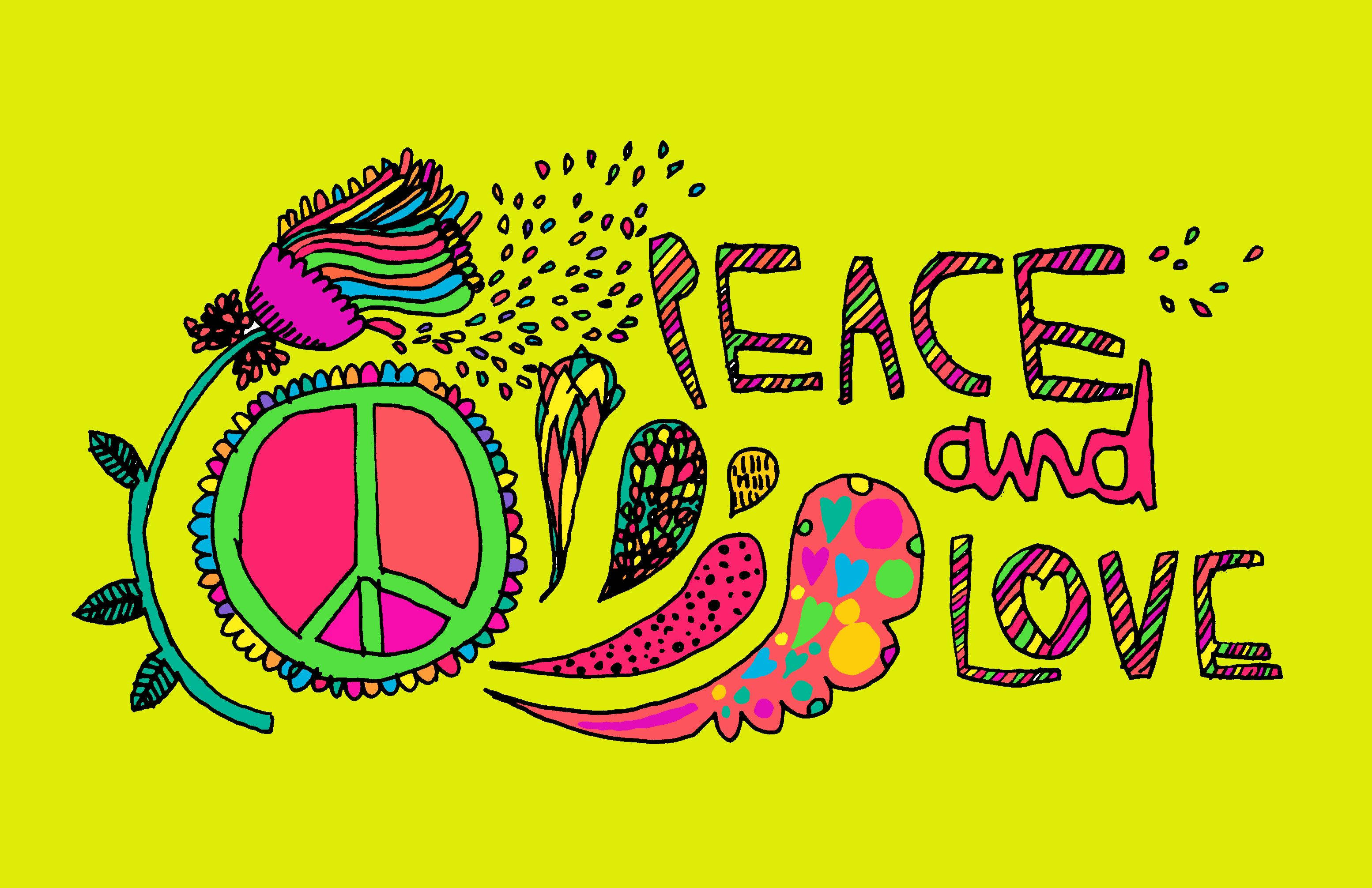 peace symbol, love text, bright yellow background, 2K Desktop Wallpaper