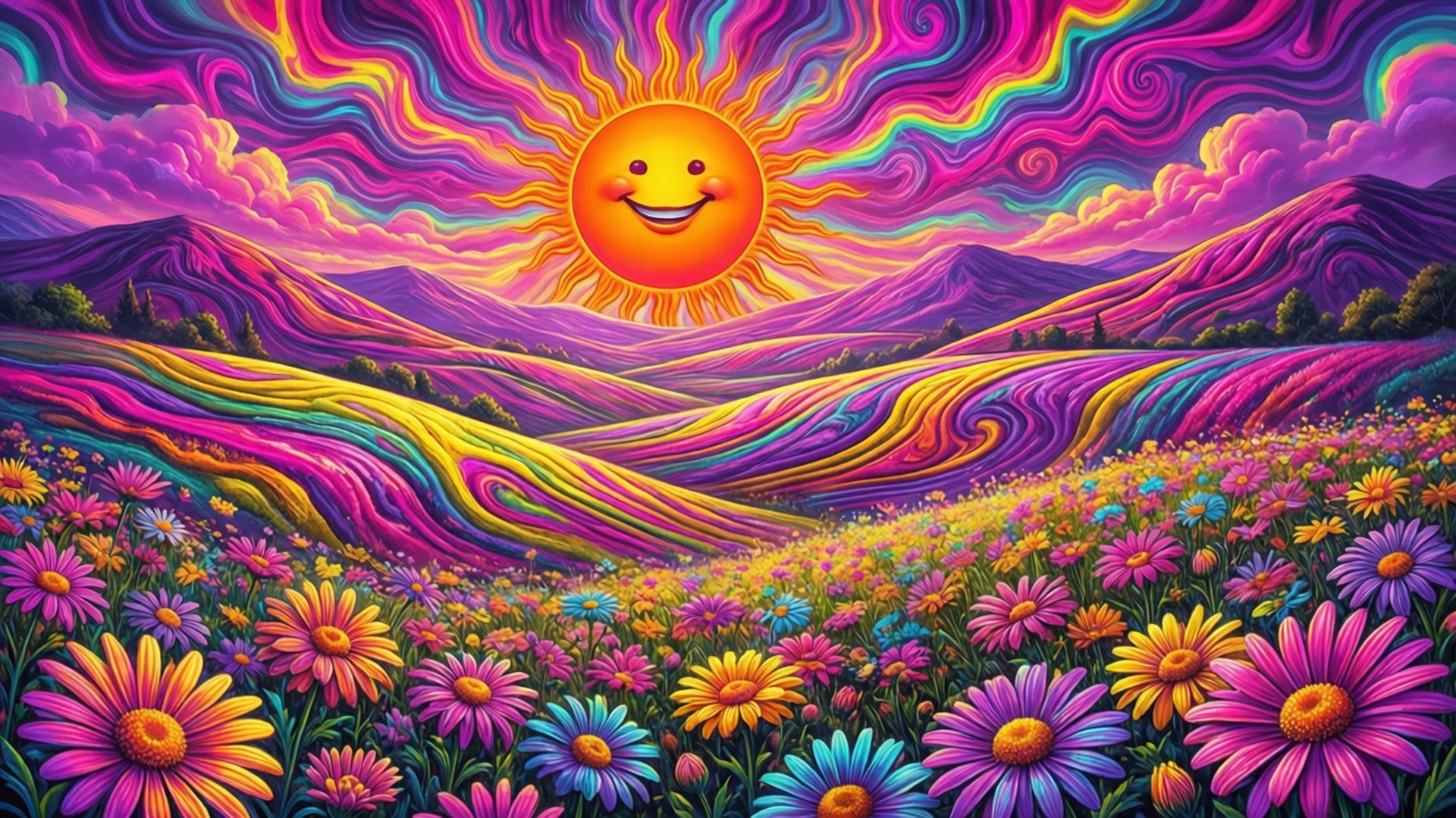 psychedelic sky, swirling rainbow hills, field of colorful daisies, Full HD Desktop Wallpaper