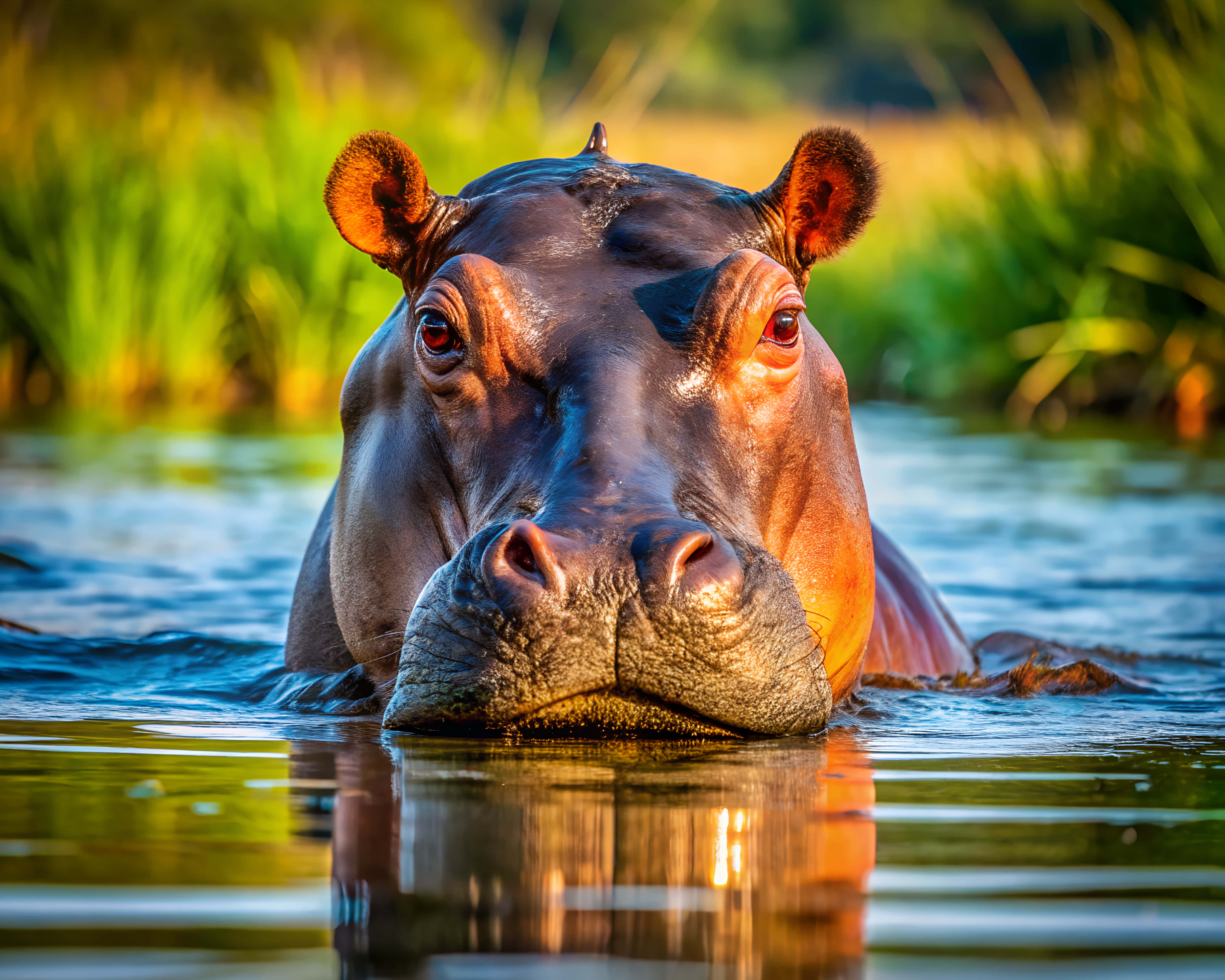 hippopotamus, golden light, wet skin, 4K Desktop Wallpaper