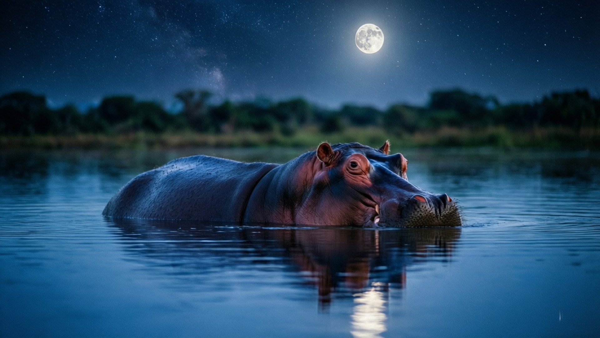 moonlit hippo, hippopotamus, moonlit water, Full HD Desktop Wallpaper