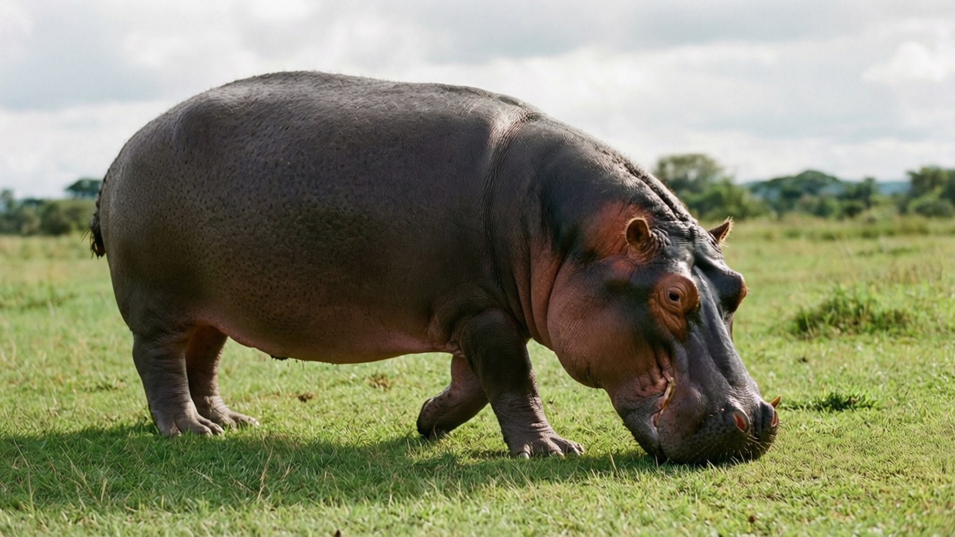 hippopotamus, grassy field, sunlit, Full HD Desktop Wallpaper