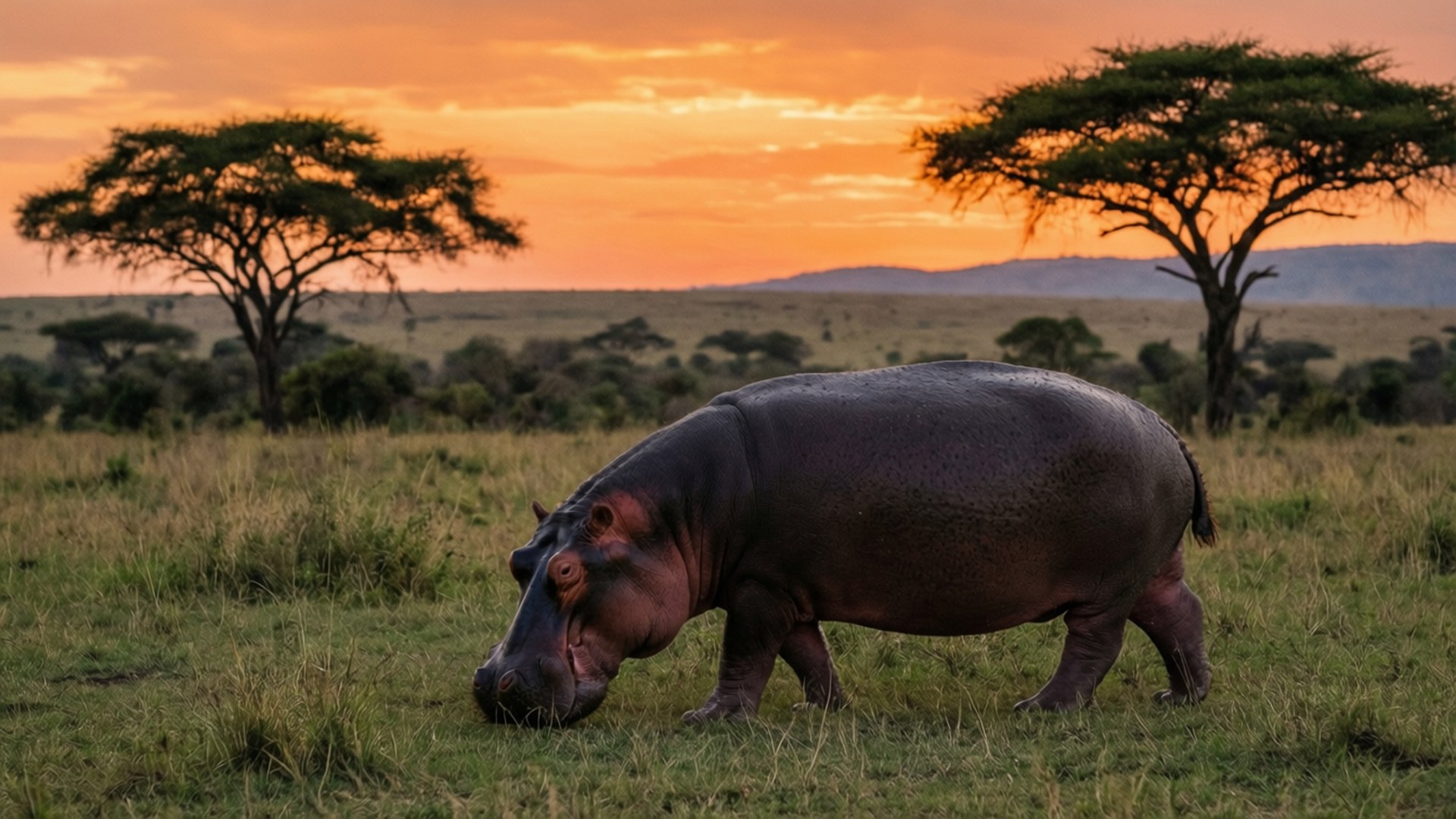 hippopotamus, golden grass, fiery orange sunset, Full HD Desktop Wallpaper