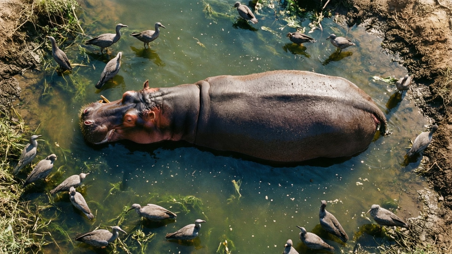 hippopotamus, murky green water, grey birds, Full HD Desktop Wallpaper