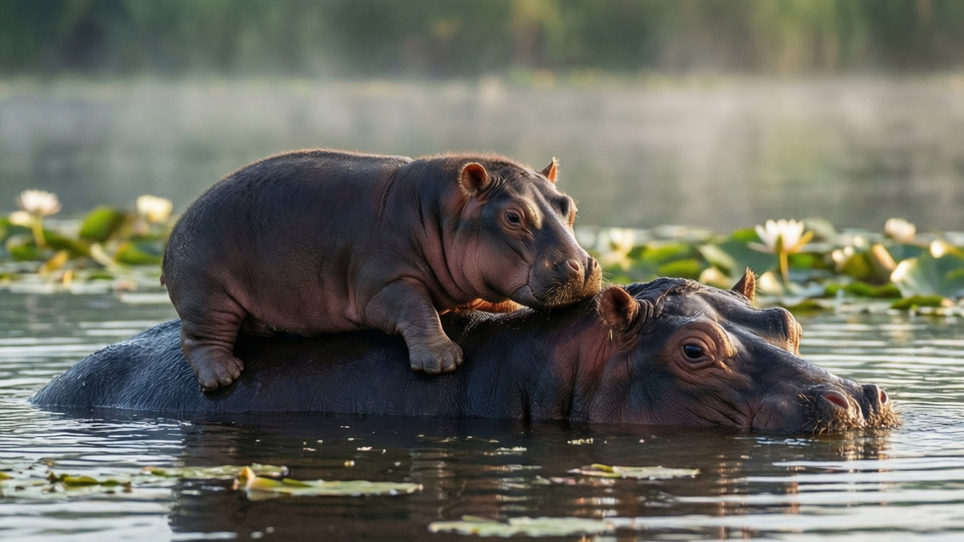 mother and calf, baby hippo, mother's back, Full HD Desktop Wallpaper