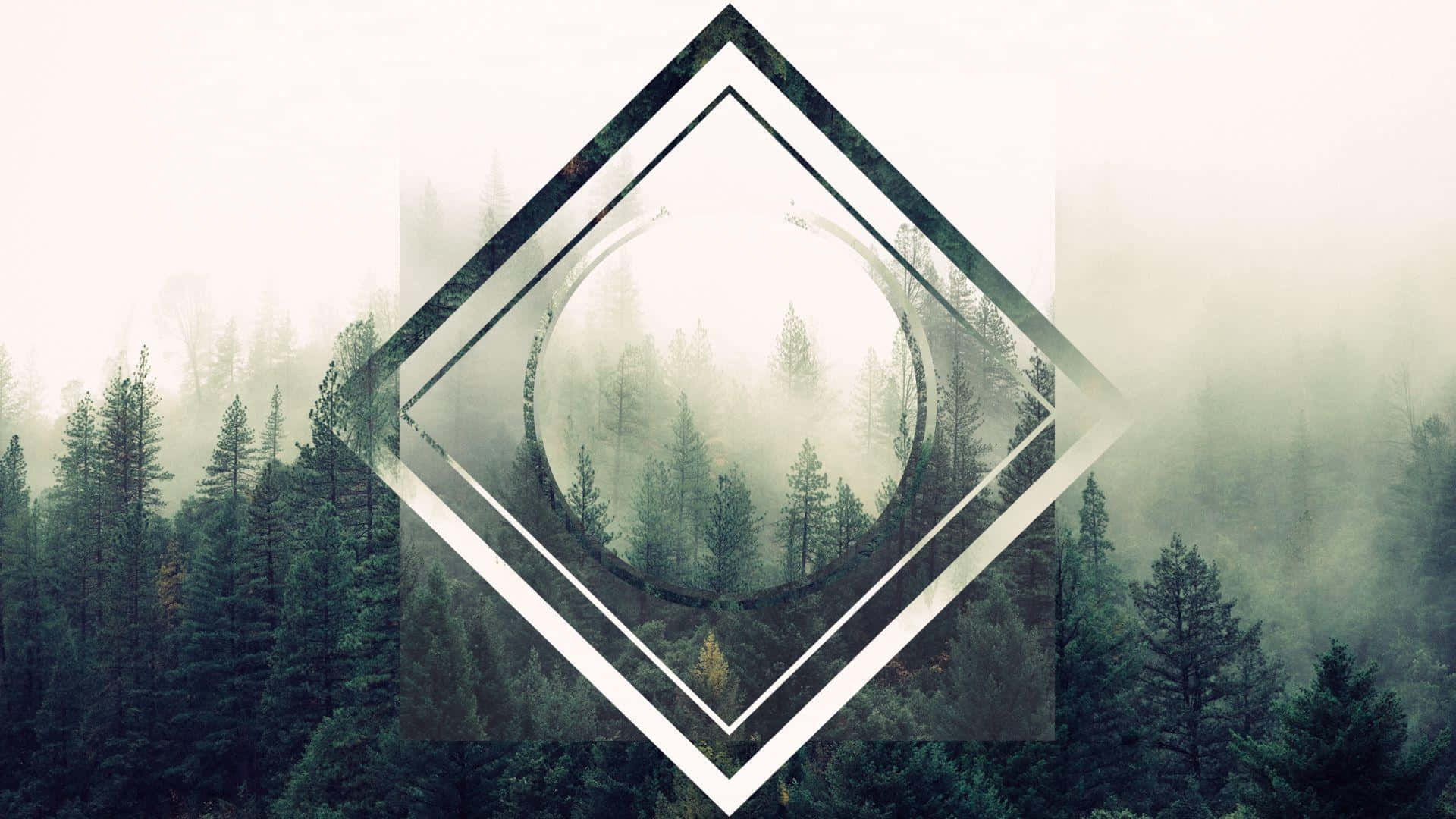 misty forest, layered geometric frames, surreal tunnel effect, Full HD Desktop Wallpaper