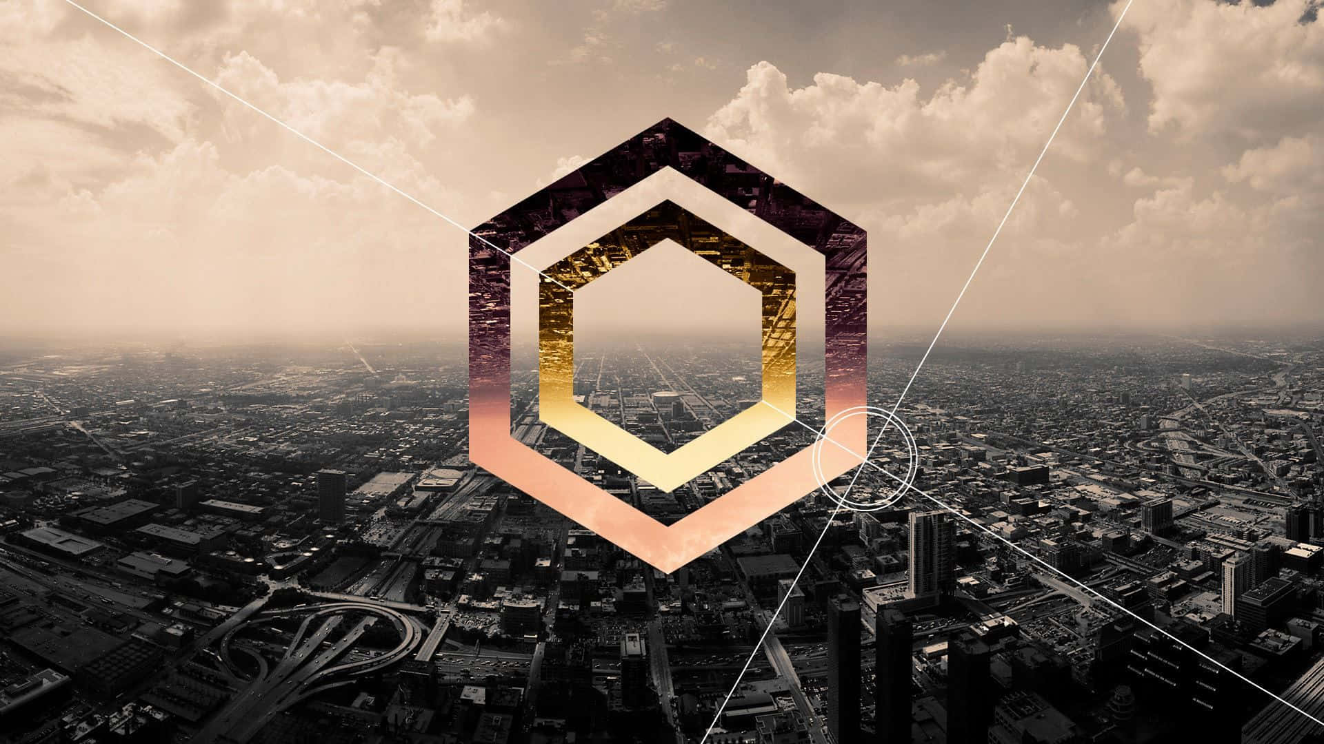 glowing hexagon, sepia-toned cityscape, geometric lines, Full HD Desktop Wallpaper