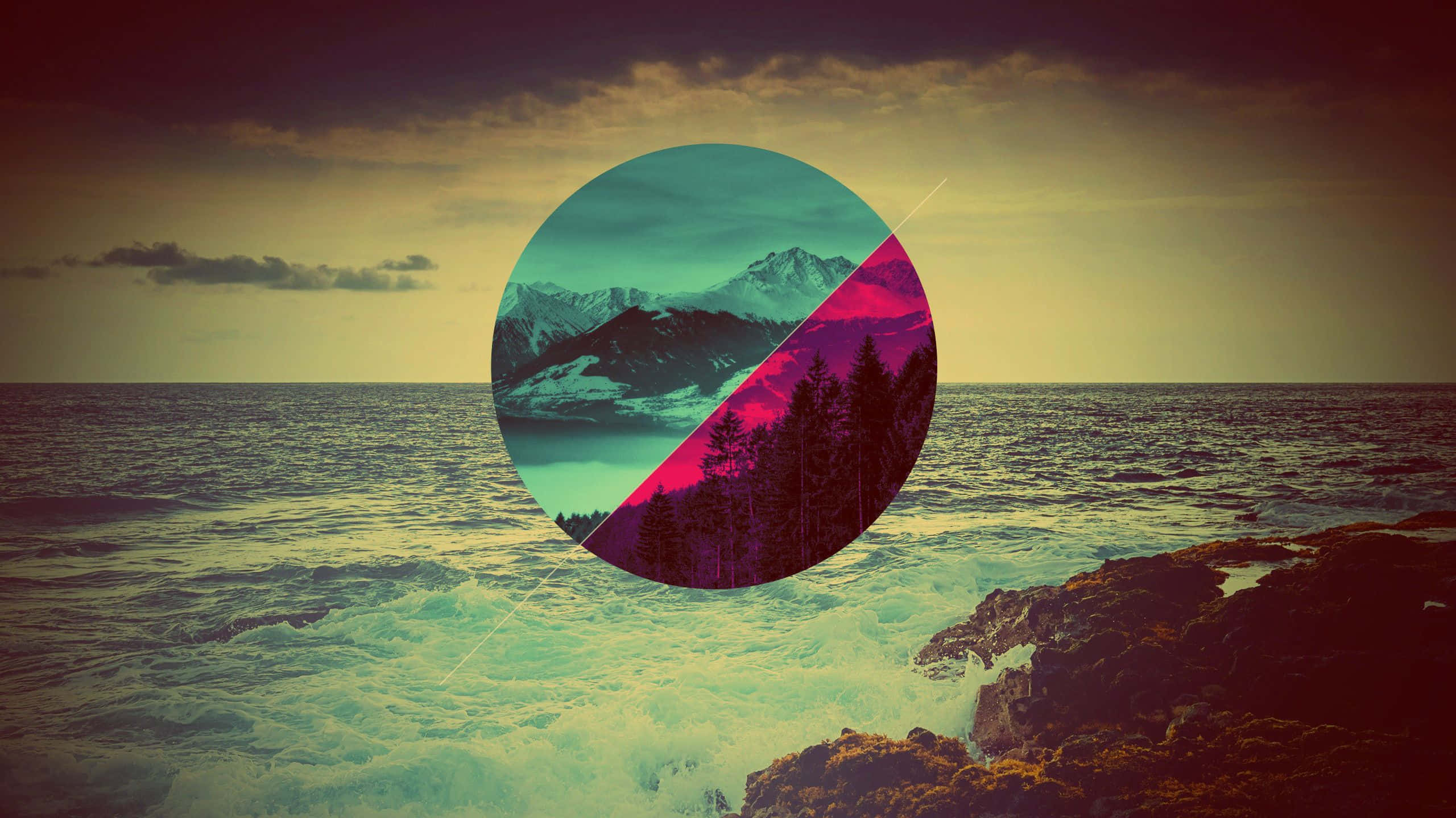 surreal circular portal, stormy ocean, snowy mountains, 2K Desktop Wallpaper