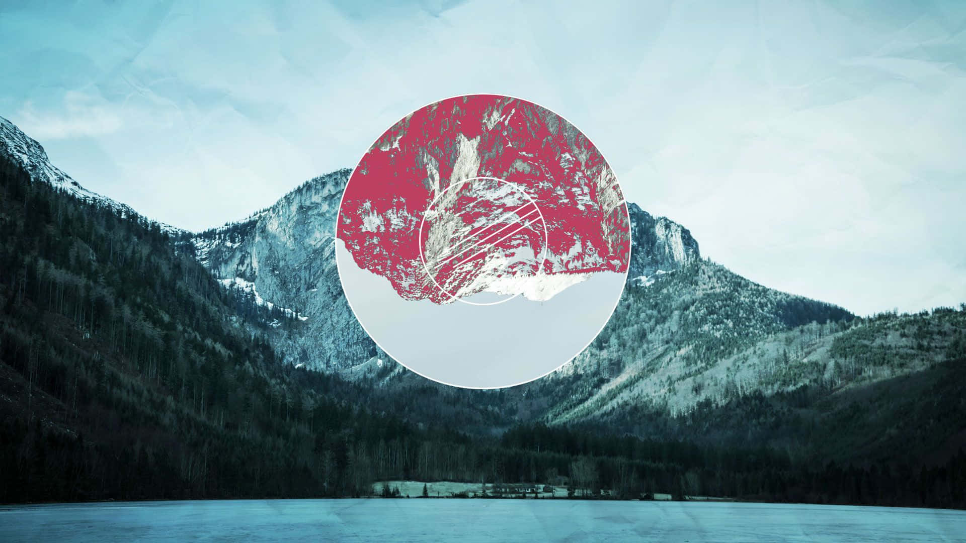 red circle, mountains, frozen lake, Full HD Desktop Wallpaper