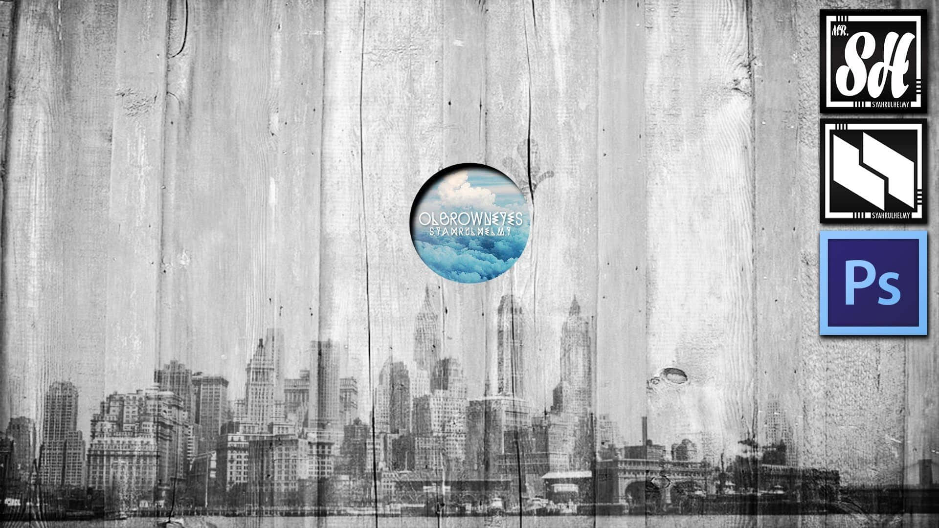 monochrome city skyline, weathered wooden planks, circular blue sky inset, Full HD Desktop Wallpaper