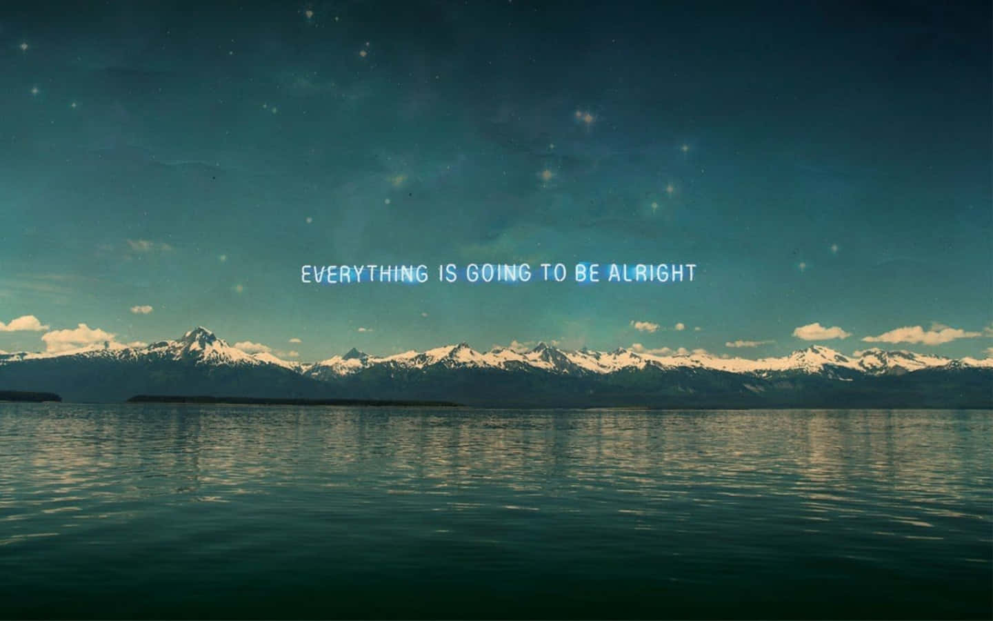 teal waters, starry twilight sky, glowing text, HD Desktop Wallpaper