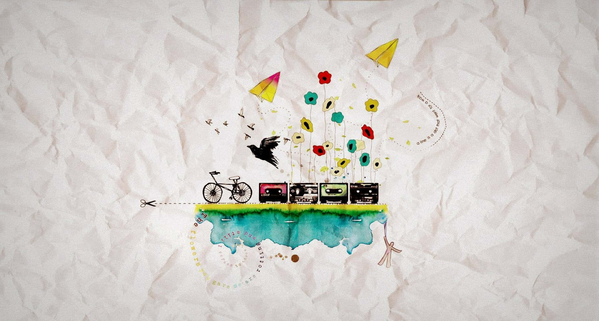 floating island, bicycle cassette tape flowers, paper kites, Full HD Desktop Wallpaper
