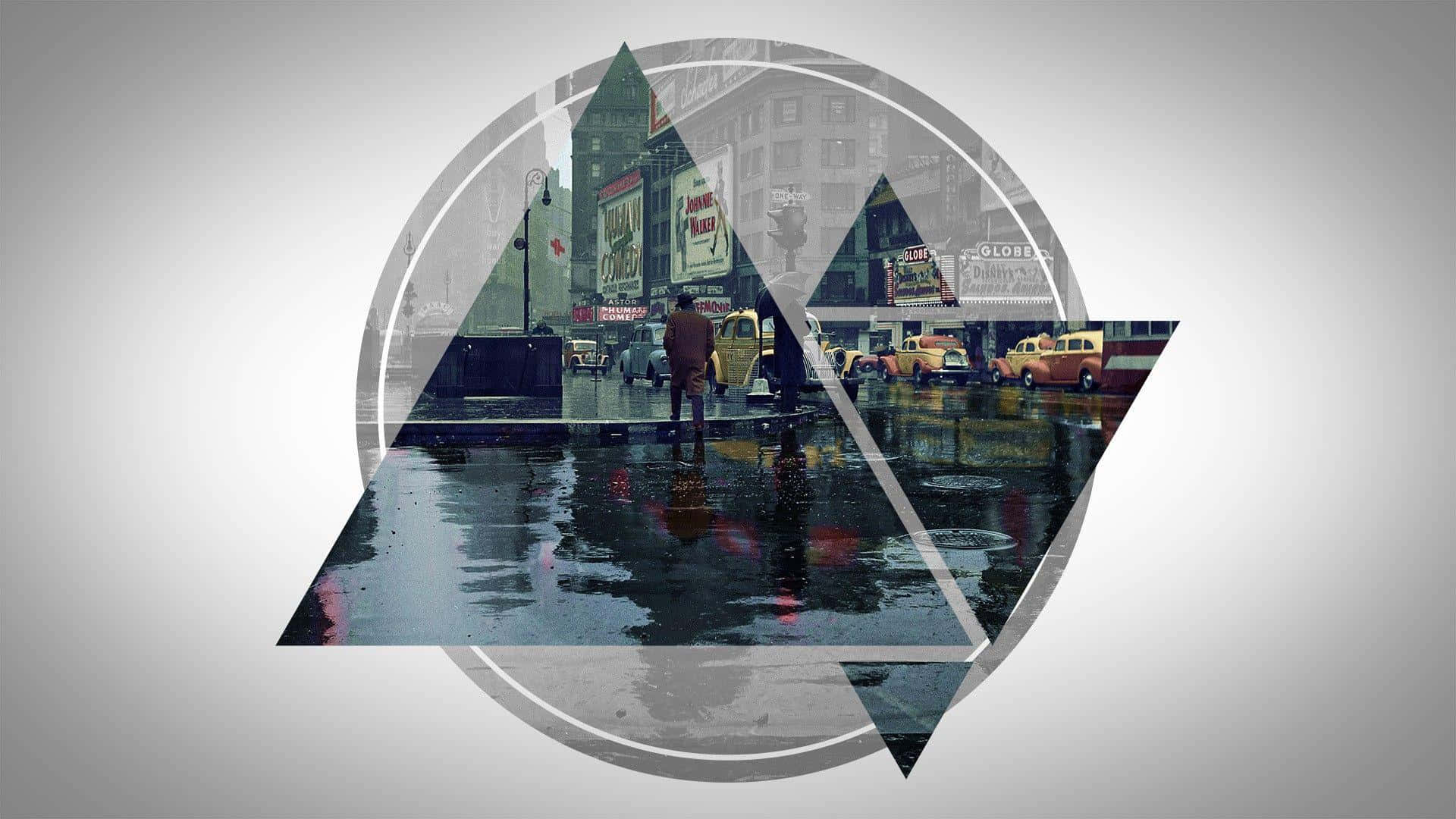 Hipster Desktop, rainy city street scene, geometric circle and triangle overlay, Full HD Desktop Wallpaper