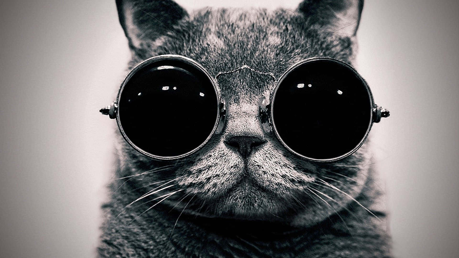 gray cat, oversized round sunglasses, reflective lenses, Full HD Desktop Wallpaper