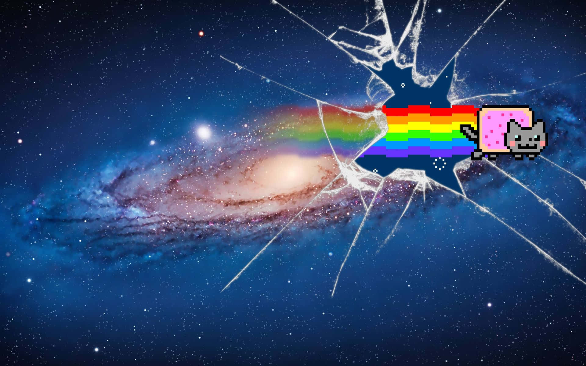 pixelated cat, rainbow trail, cracked glass pane, Full HD Desktop Wallpaper