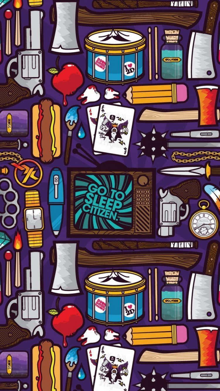 Hipster iPhone, vibrant purple, cartoonish everyday objects, HD Phone Wallpaper