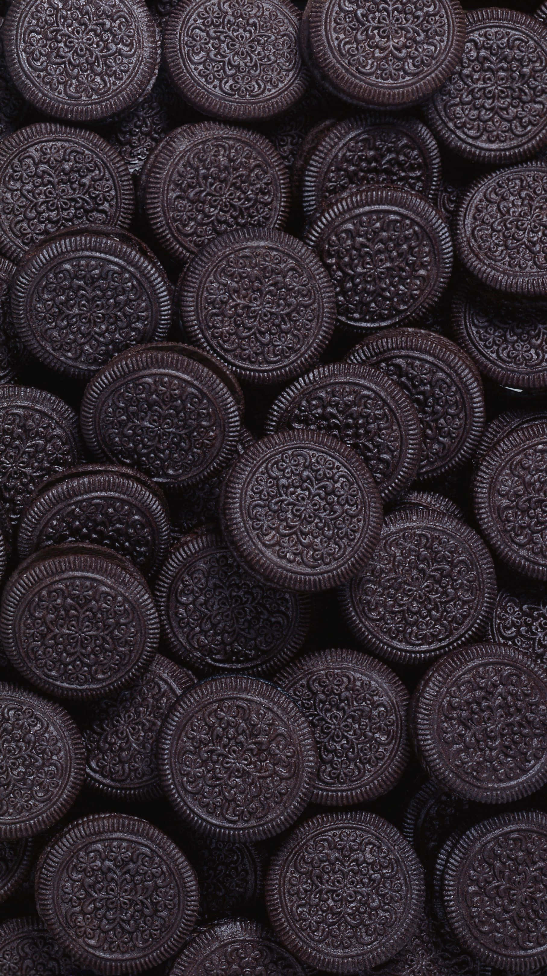 Hipster iPhone, dark chocolate Oreo cookies, intricate embossed patterns, 2K Phone Wallpaper