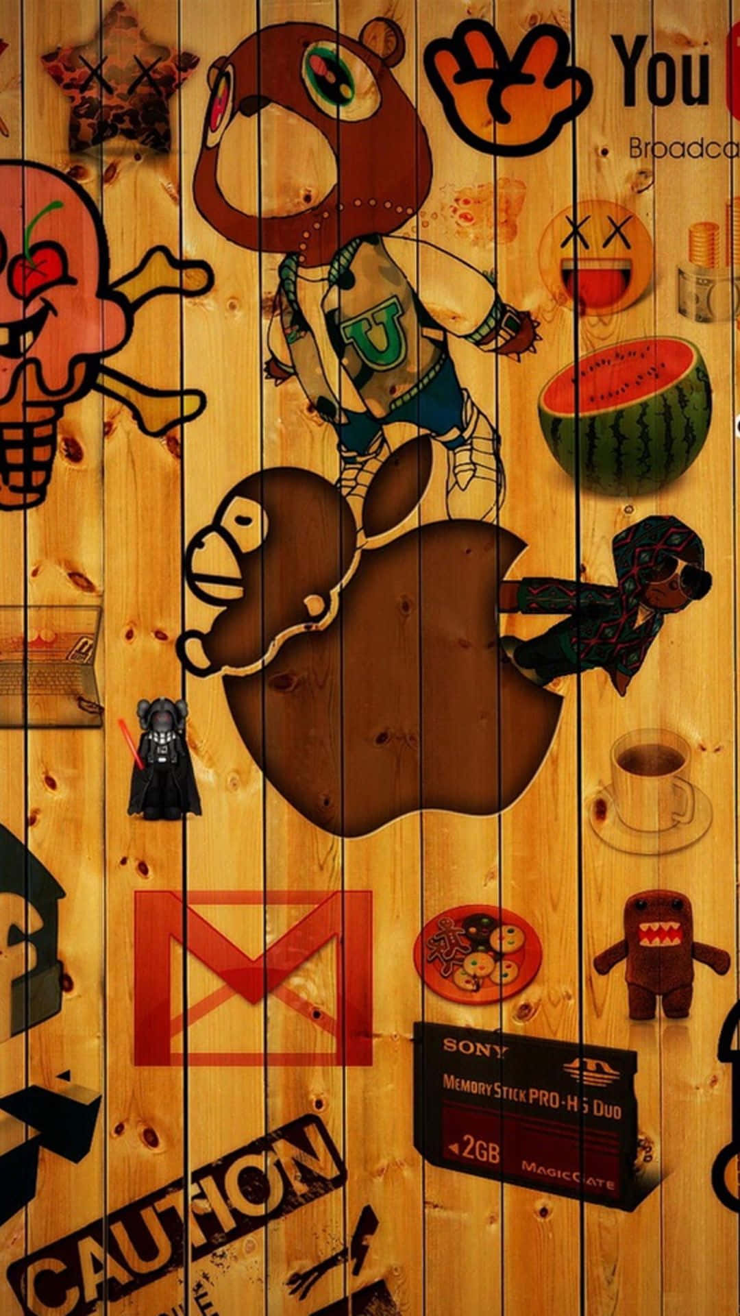 wooden wall, stickers, cartoon characters, Full HD Phone Wallpaper