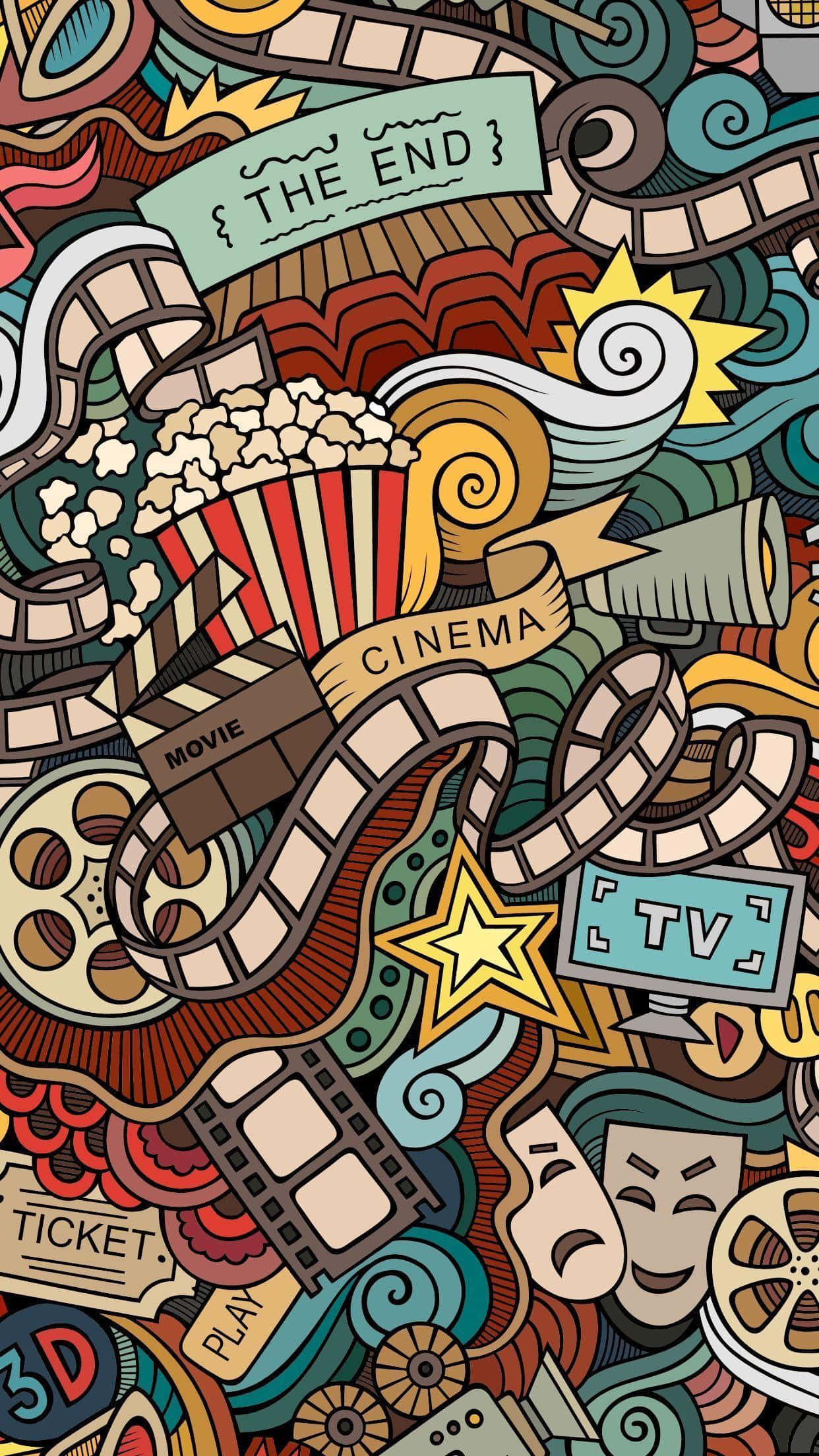 Hipster iPhone, doodle-style collage, cinema icons, Full HD Phone Wallpaper