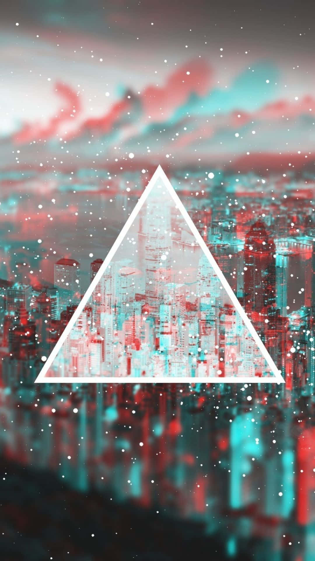 Hipster iPhone, glowing white triangle, glitchy cityscape, Full HD Phone Wallpaper