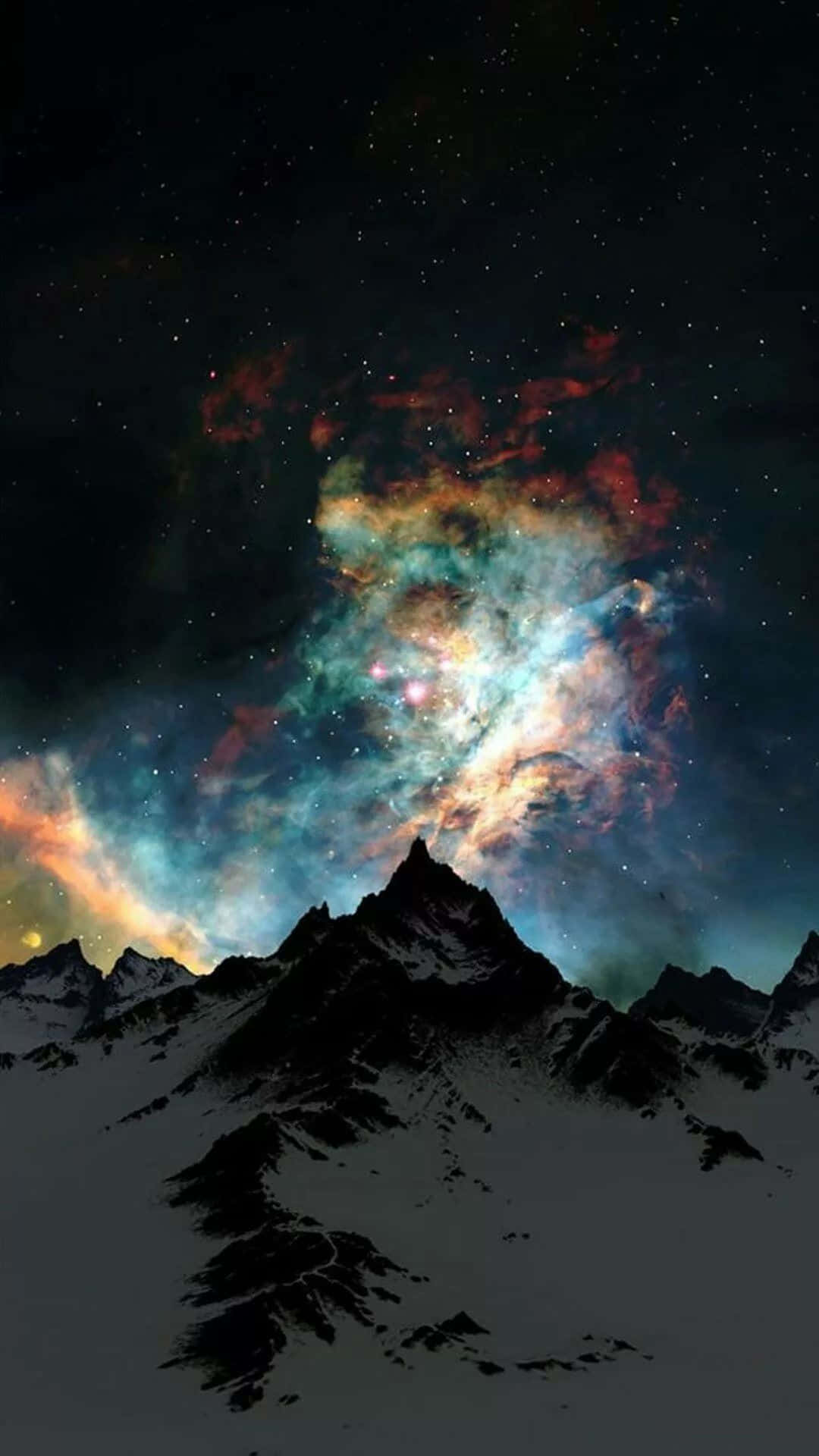 hipster iPhone, snowy mountain peaks, cosmic nebula, Full HD Phone Wallpaper