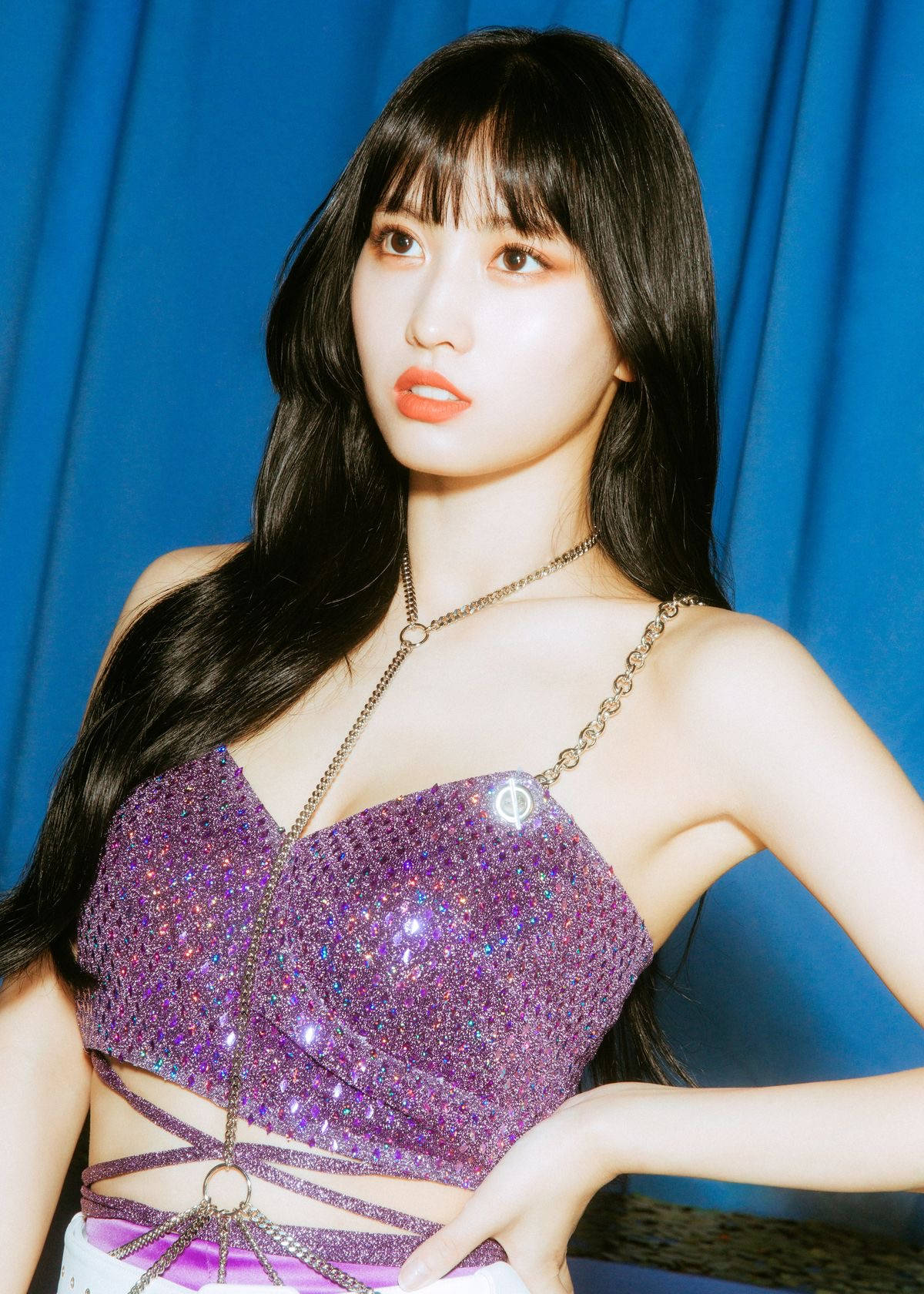 Hirai Momo, long black hair, sparkling purple crop top, HD Phone Wallpaper