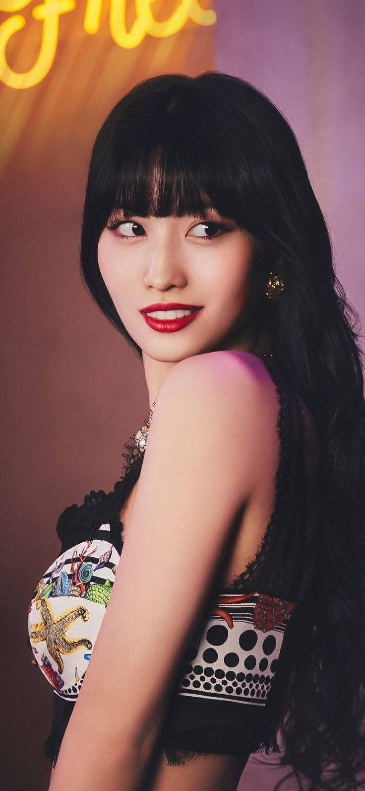Hirai Momo, long black hair, red lips, HD Phone Wallpaper