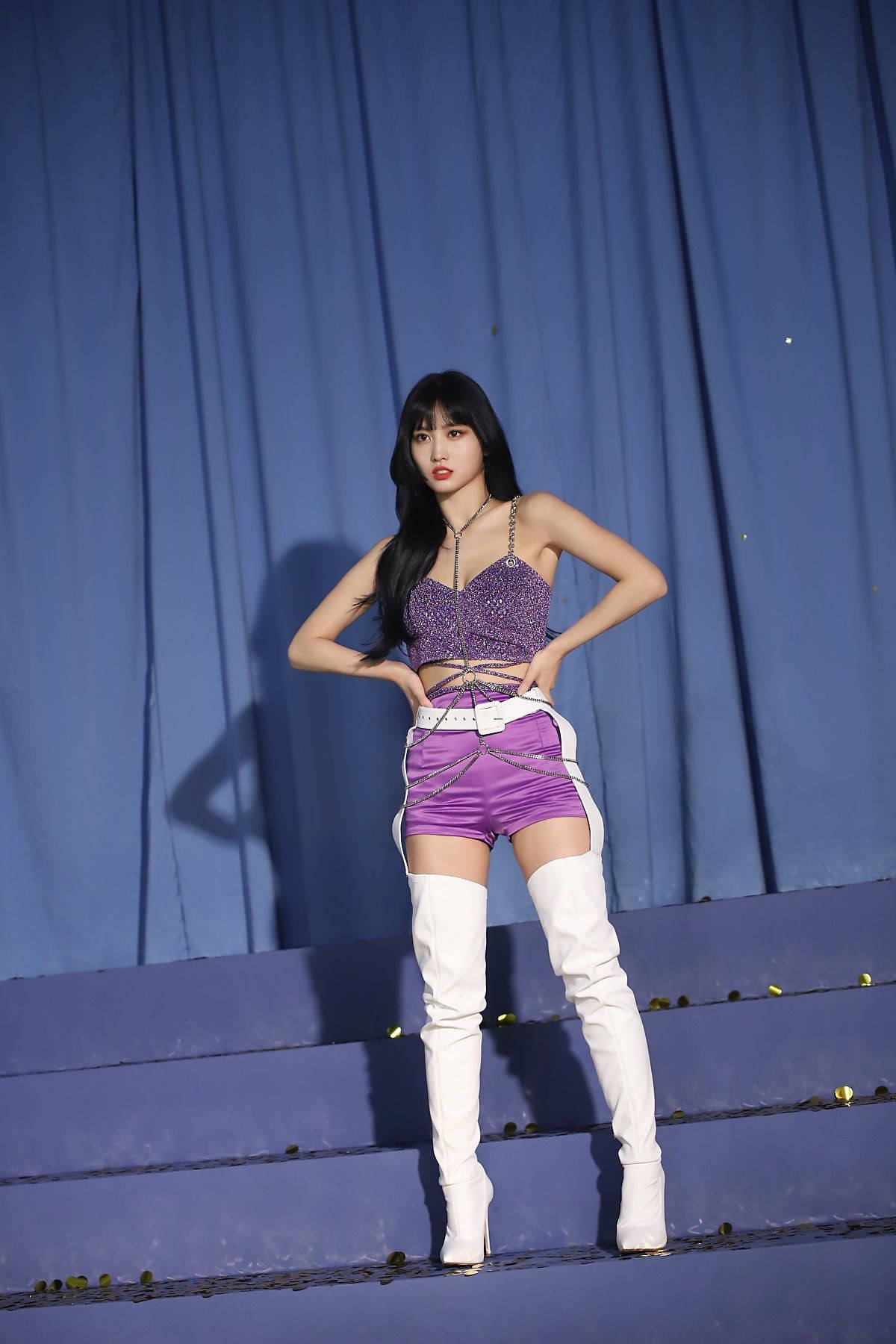 Hirai Momo, purple outfit, sparkling purple crop top, HD Phone Wallpaper