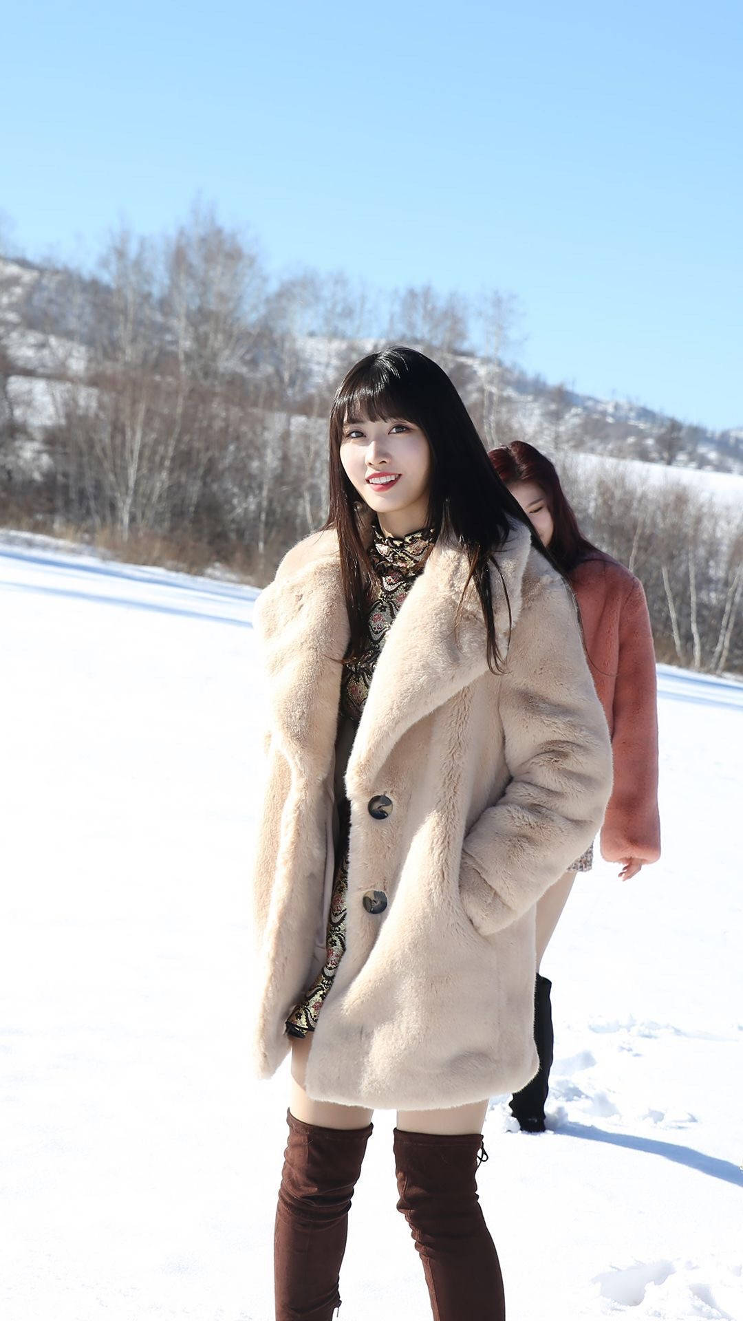 Hirai Momo, snow, beige coat, Full HD Phone Wallpaper