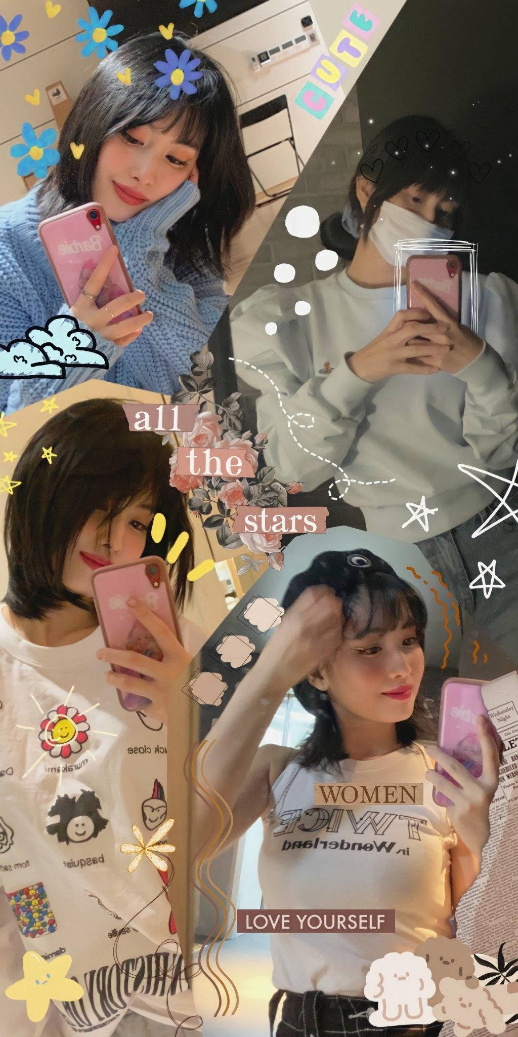 Hirai Momo, selfie collage, cozy room, Full HD Phone Wallpaper