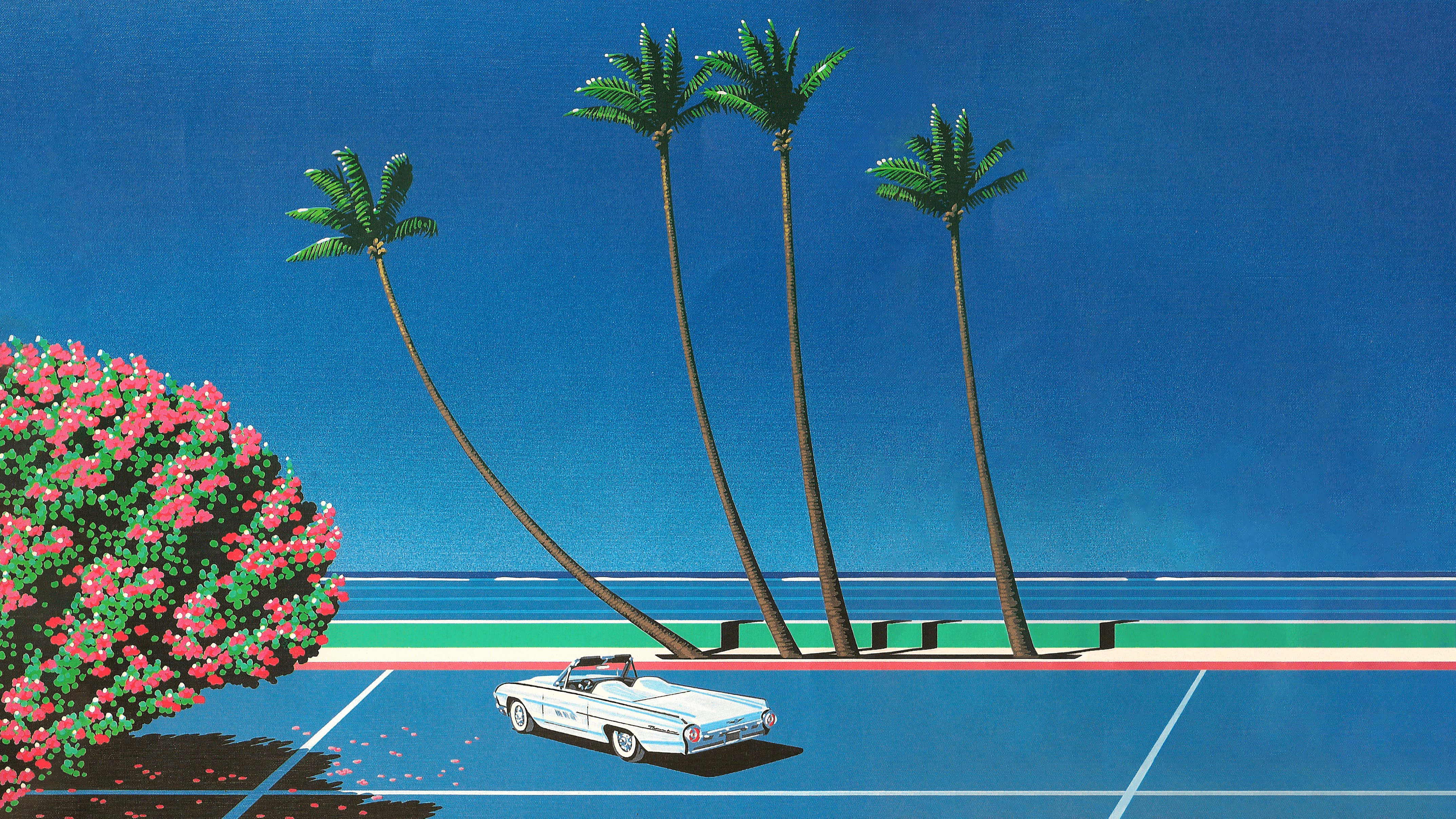 Hiroshi Nagai, vintage white convertible, blue tennis court, 4K Desktop Wallpaper