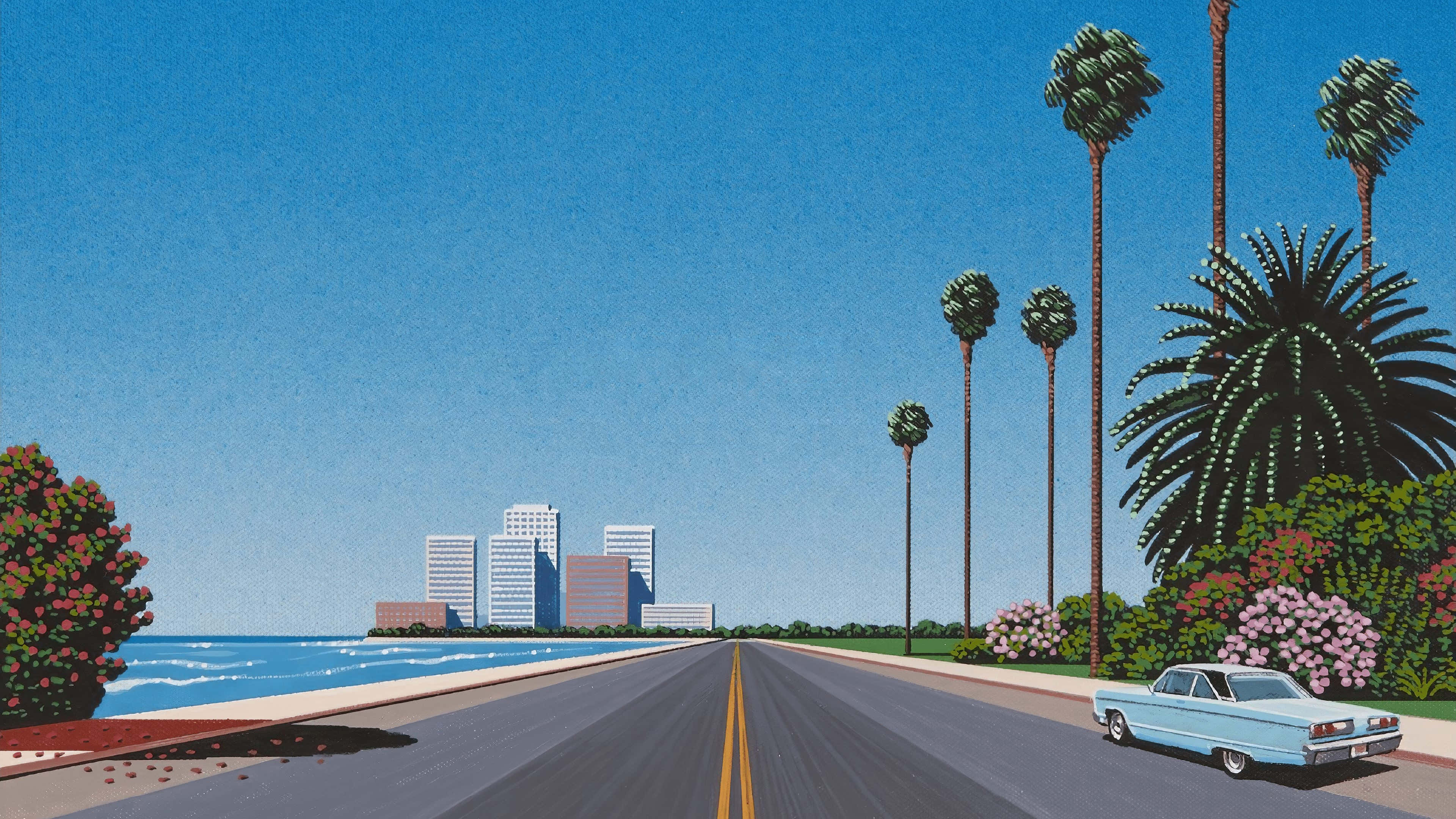 Hiroshi Nagai, palm trees, seaside, 4K Desktop Wallpaper
