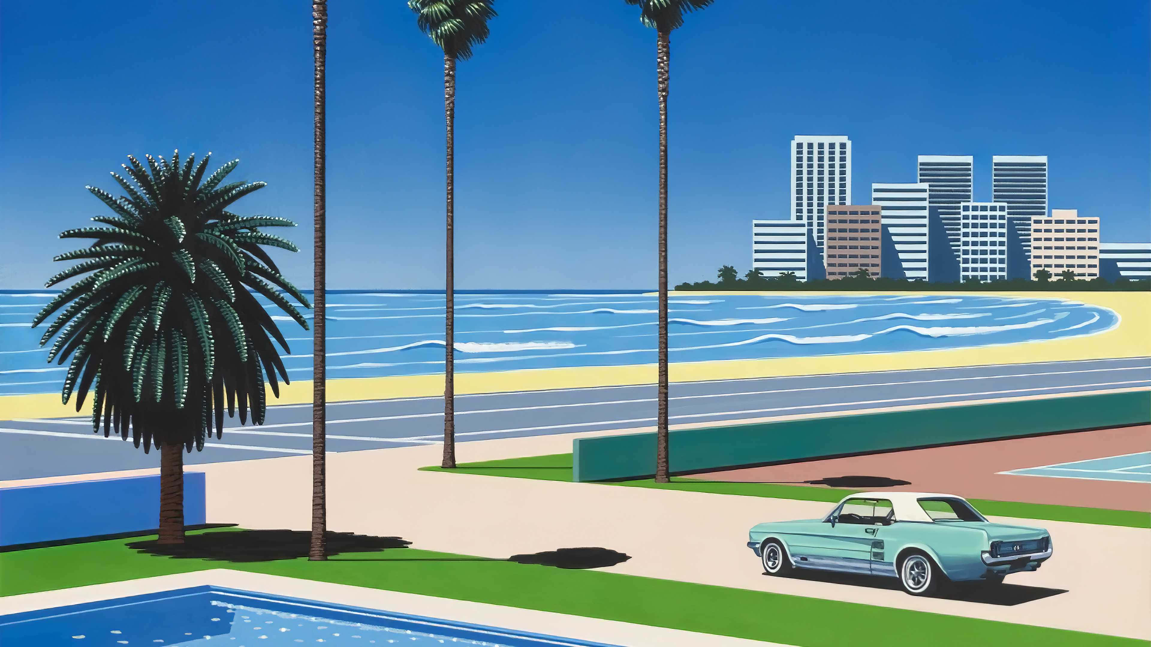 Hiroshi Nagai, palm trees, classic car, 4K Desktop Wallpaper