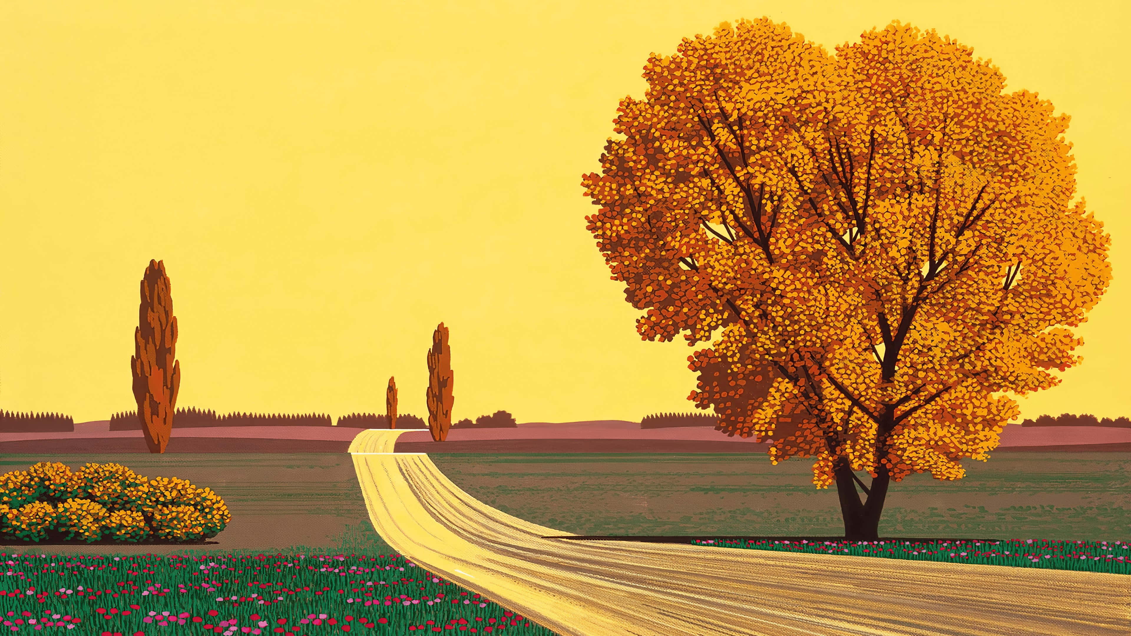 Autumn Road, Hiroshi Nagai, golden autumn field, 4K Desktop Wallpaper