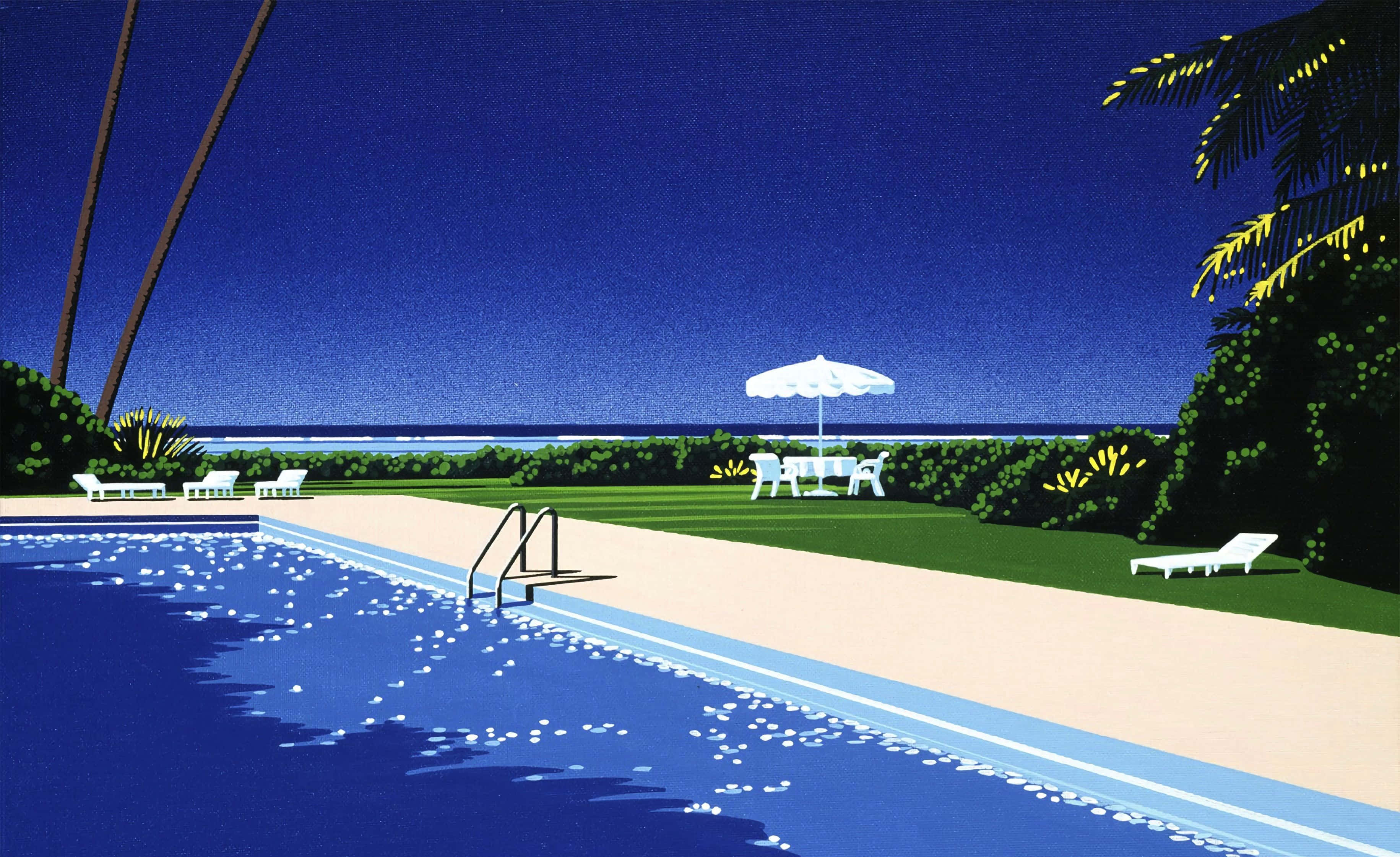 Hiroshi Nagai, swimming pool, white lounge chairs, 2K Desktop Wallpaper