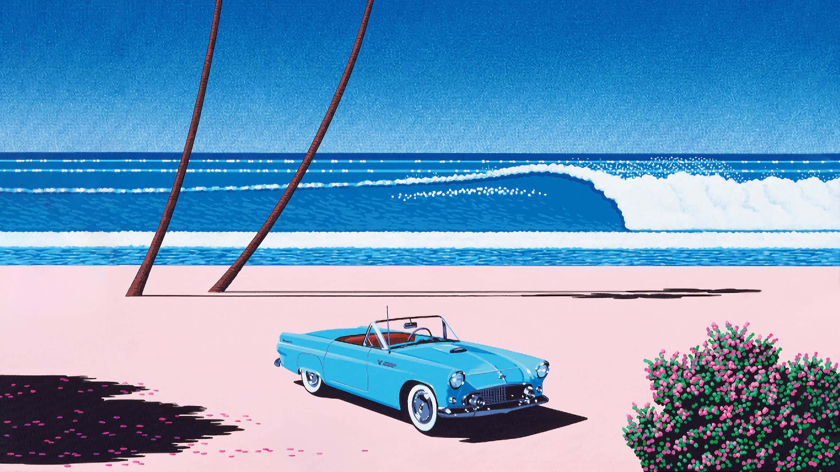 Hiroshi Nagai, retro beachside car, light blue convertible, 2K Desktop Wallpaper