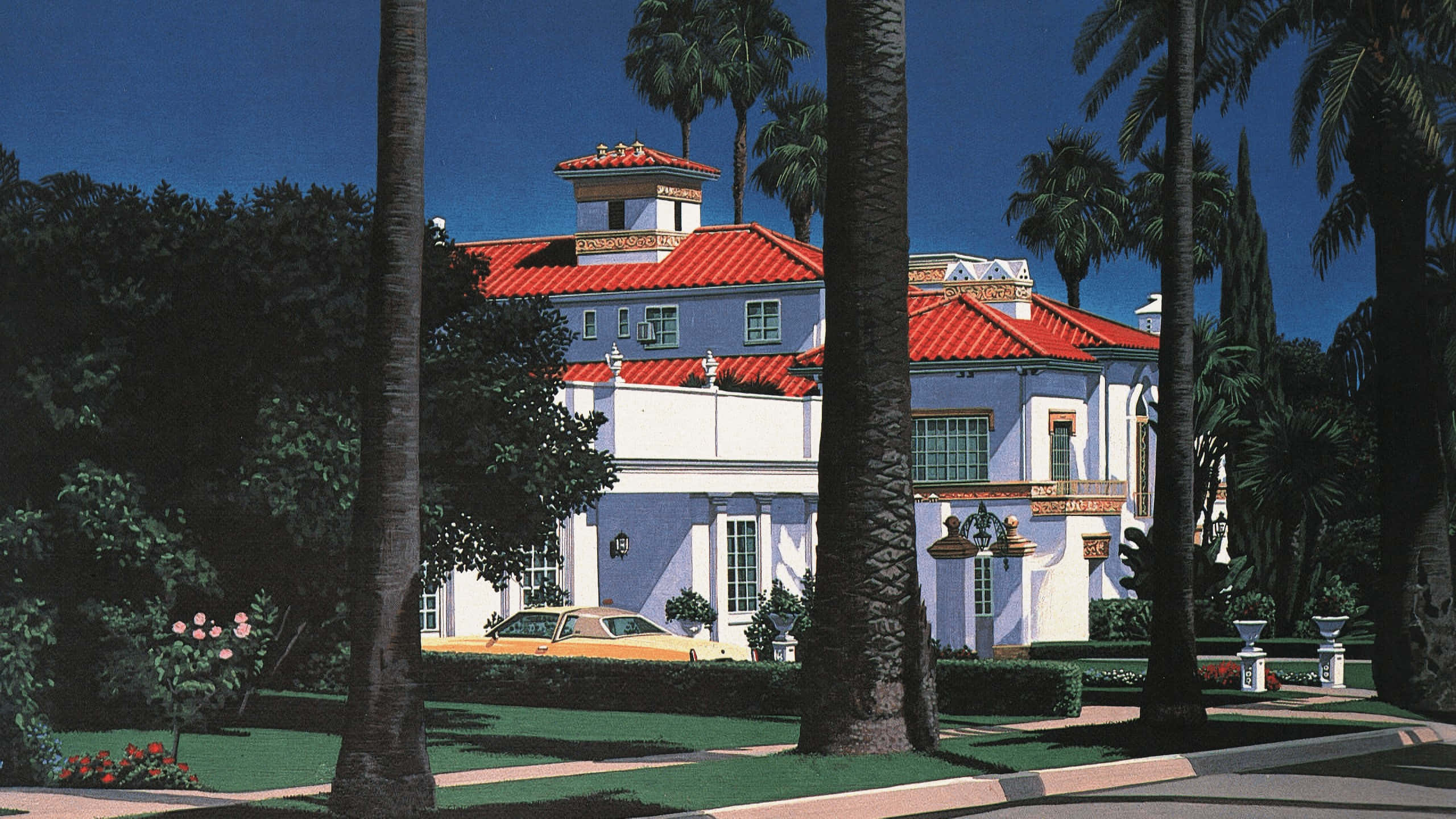 Hiroshi Nagai, tropical mansion, white mansion, 2K Desktop Wallpaper