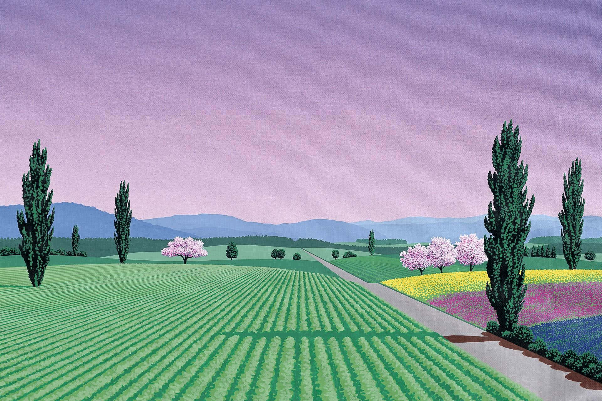 Hiroshi Nagai, pastel farmland, winding road, Full HD Desktop Wallpaper