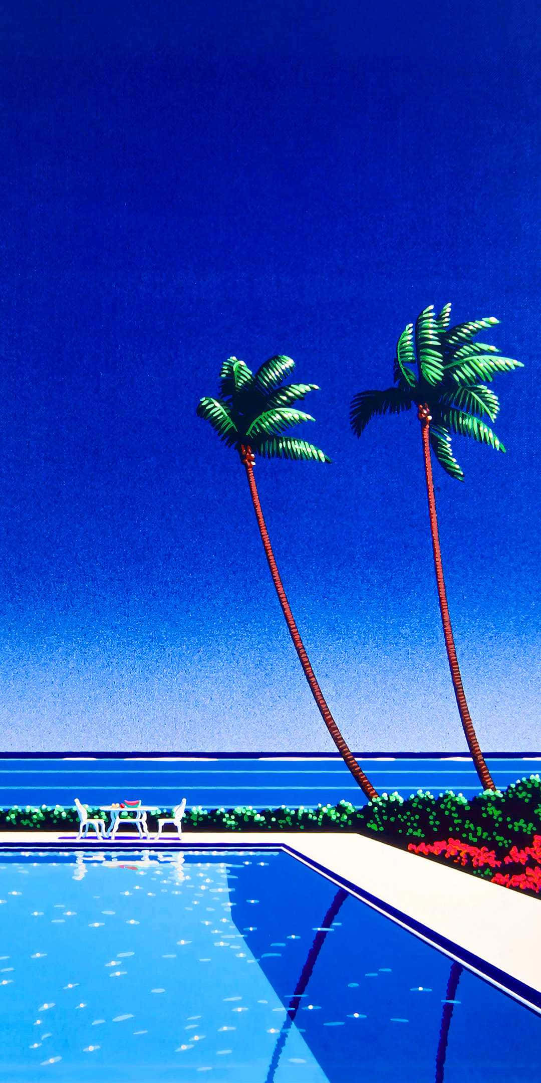 tropical poolside, leaning palm trees, clear blue water, Full HD Phone Wallpaper