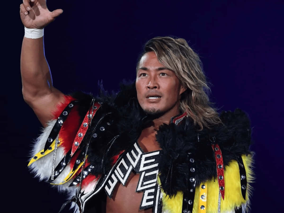 Hiroshi Tanahashi, black yellow and red feathered jacket, word power across his chest, SD Desktop Wallpaper