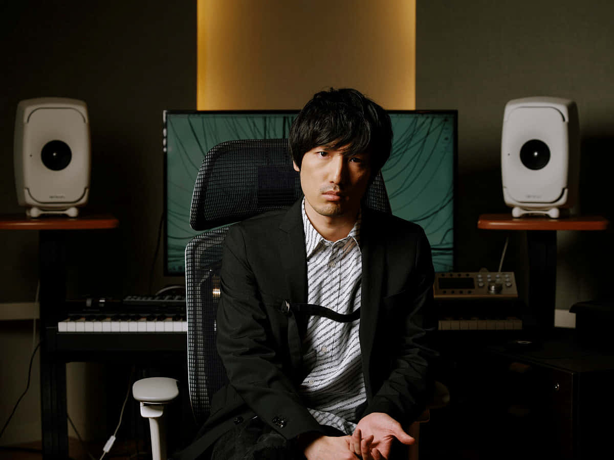 Hiroyuki Sawano, black blazer, dimly lit home studio, SD Desktop Wallpaper