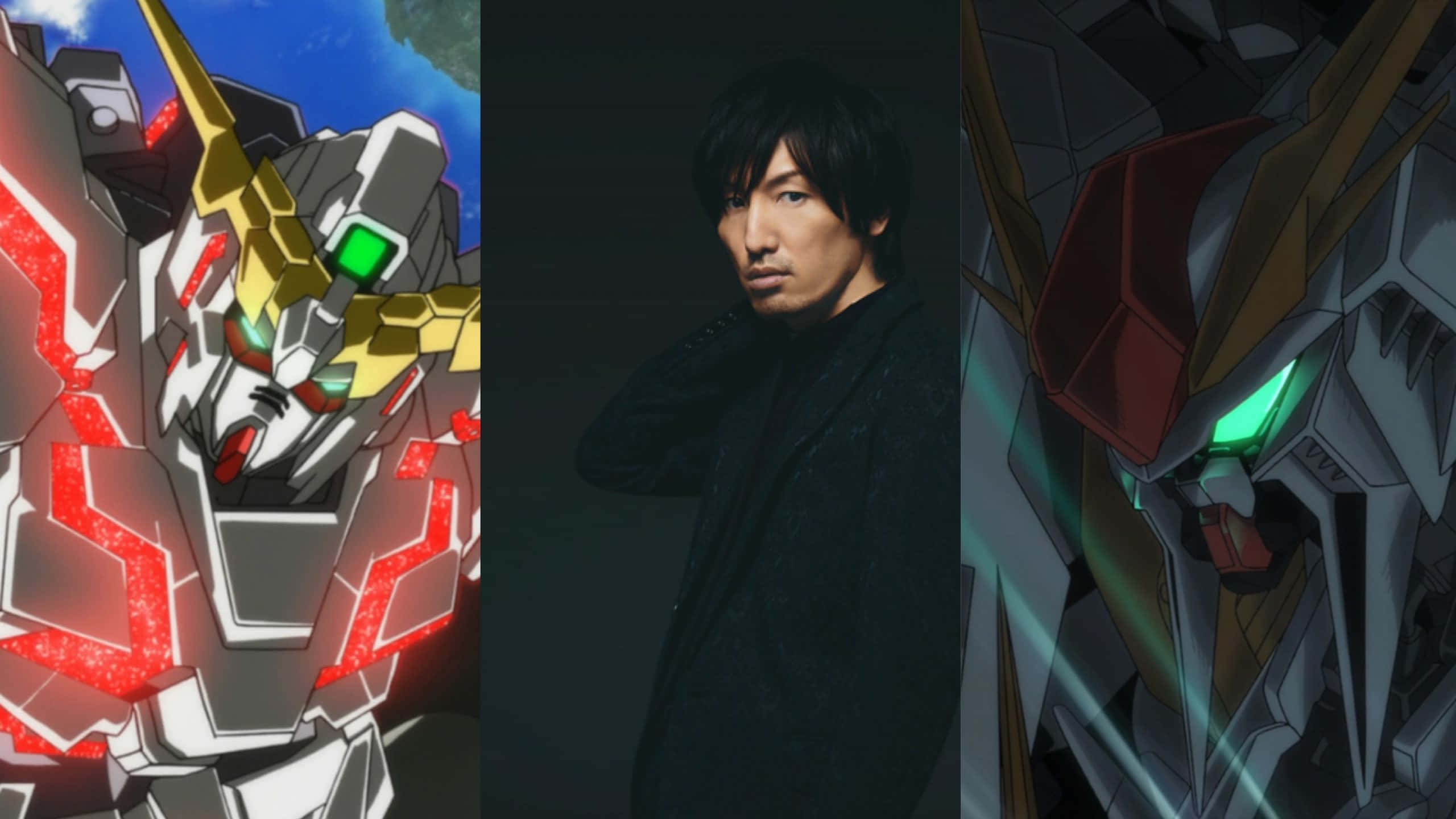 Hiroyuki Sawano, glowing red and gold anime mech, serious man in dark clothing, 2K Desktop Wallpaper