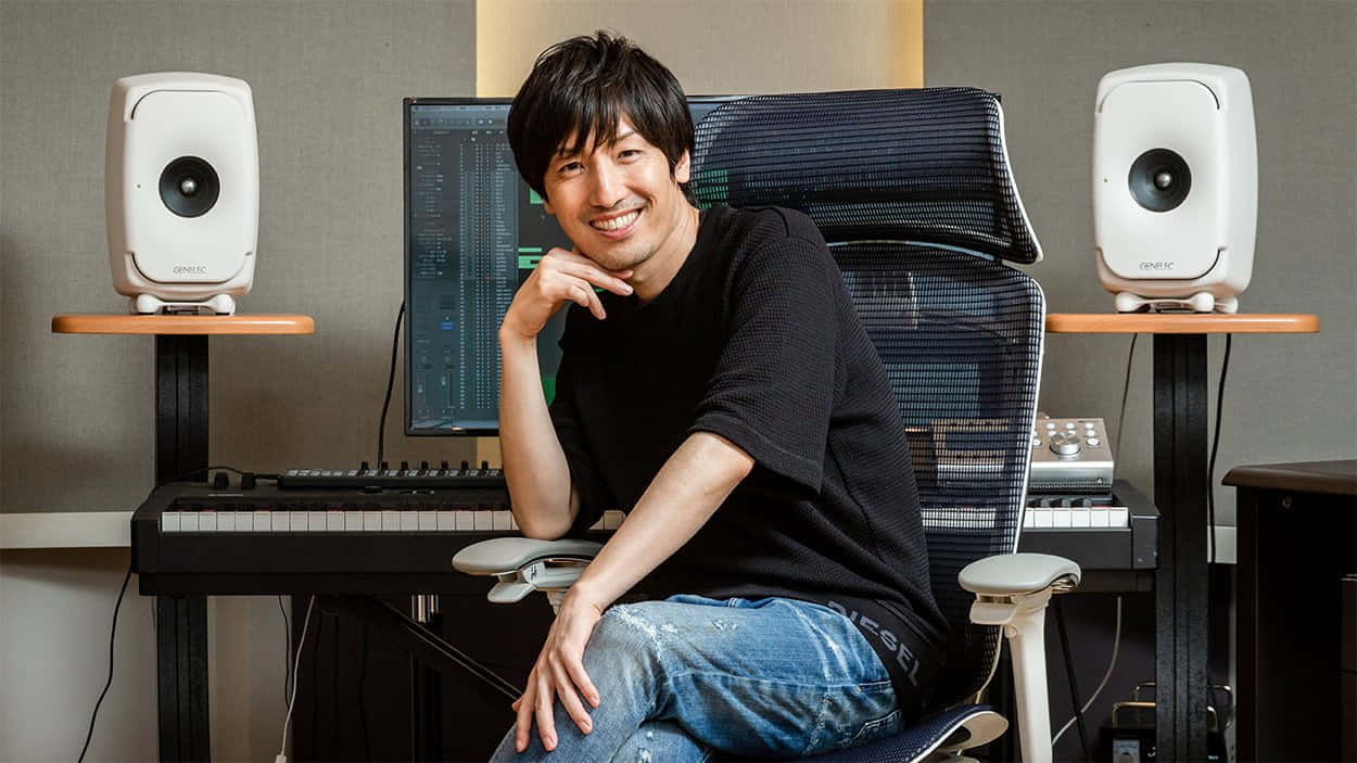 Hiroyuki Sawano, black shirt, studio chair, SD Desktop Wallpaper