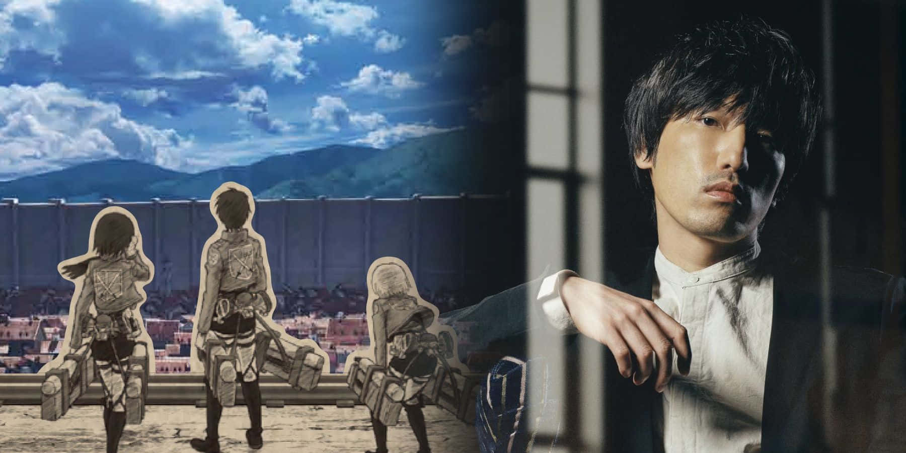Hiroyuki Sawano, anime characters in armor, city under a cloudy sky, HD Desktop Wallpaper