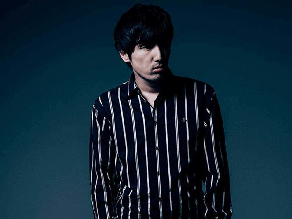 Hiroyuki Sawano, dark striped shirt, moody teal backdrop, SD Desktop Wallpaper