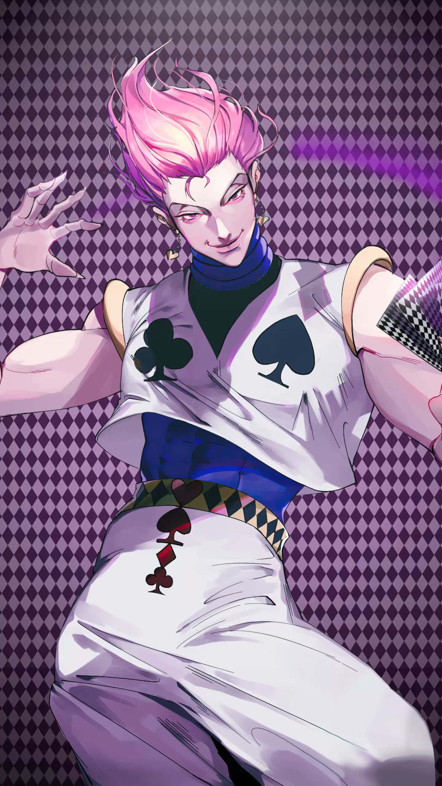 Hisoka Morow, pink hair, card-themed outfit, 2K Phone Wallpaper