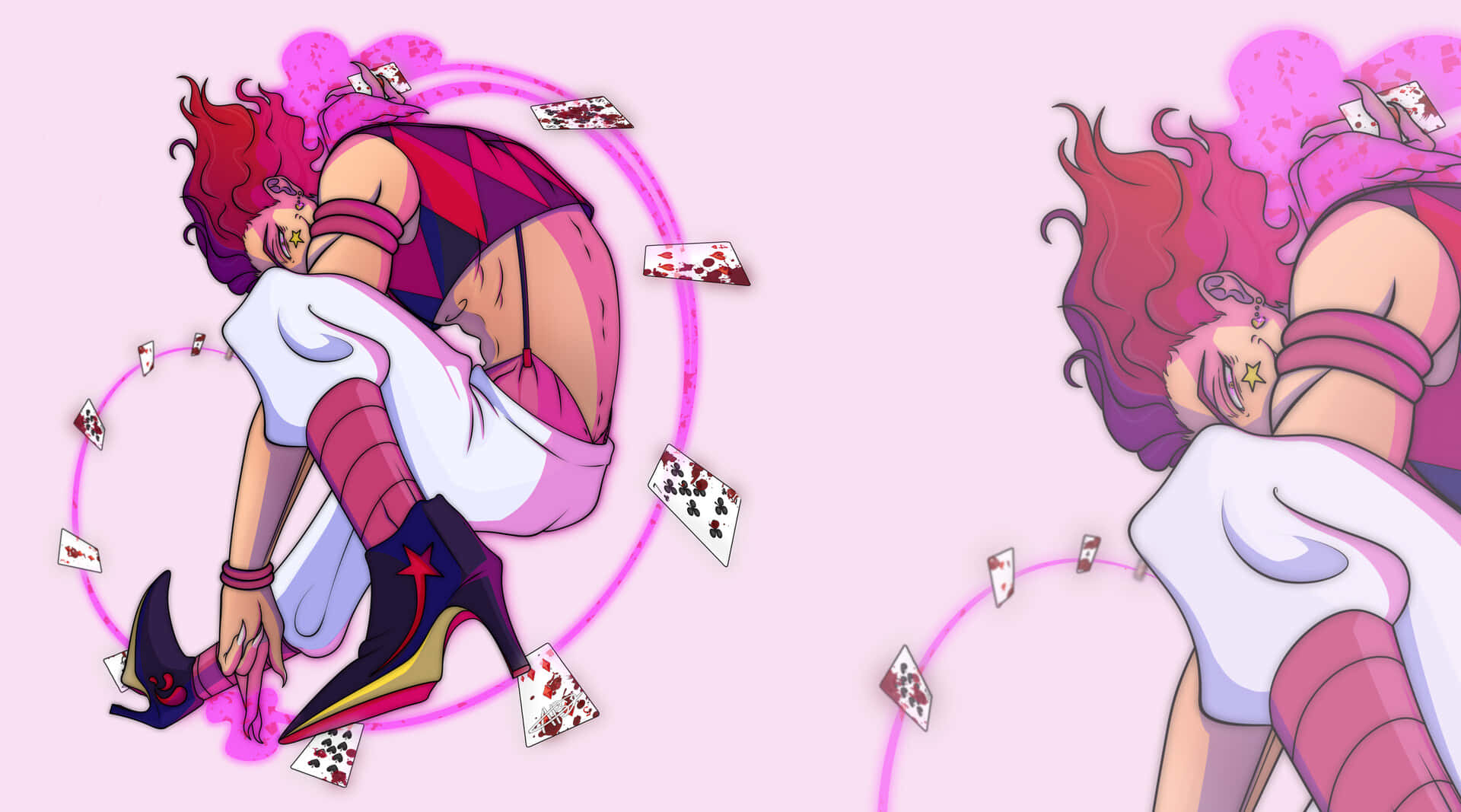 Hisoka Morow, pink and white outfits, floating playing cards, Full HD Desktop Wallpaper