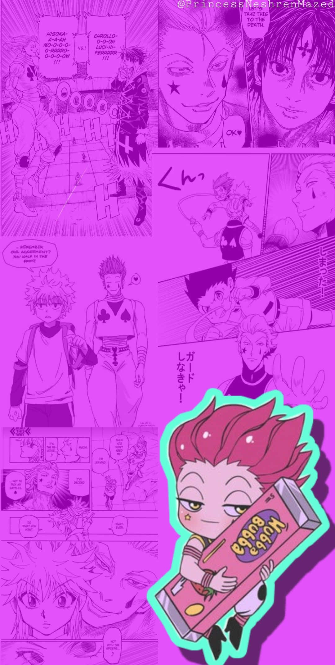 Hisoka Morow, vivid purple manga panels, anime characters, Full HD Phone Wallpaper