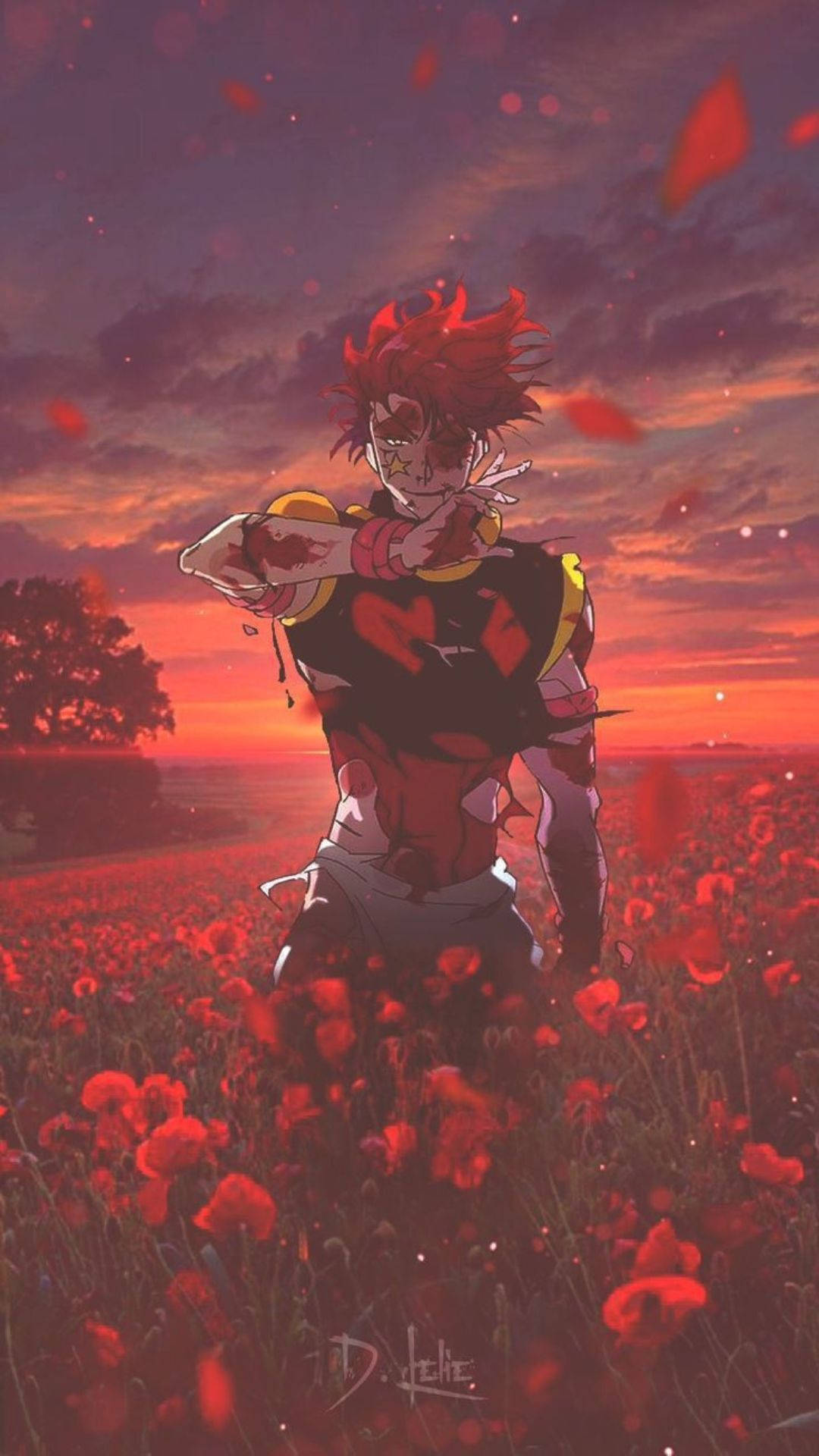 Hisoka Morow, red-haired anime warrior, field of red poppies, Full HD Phone Wallpaper