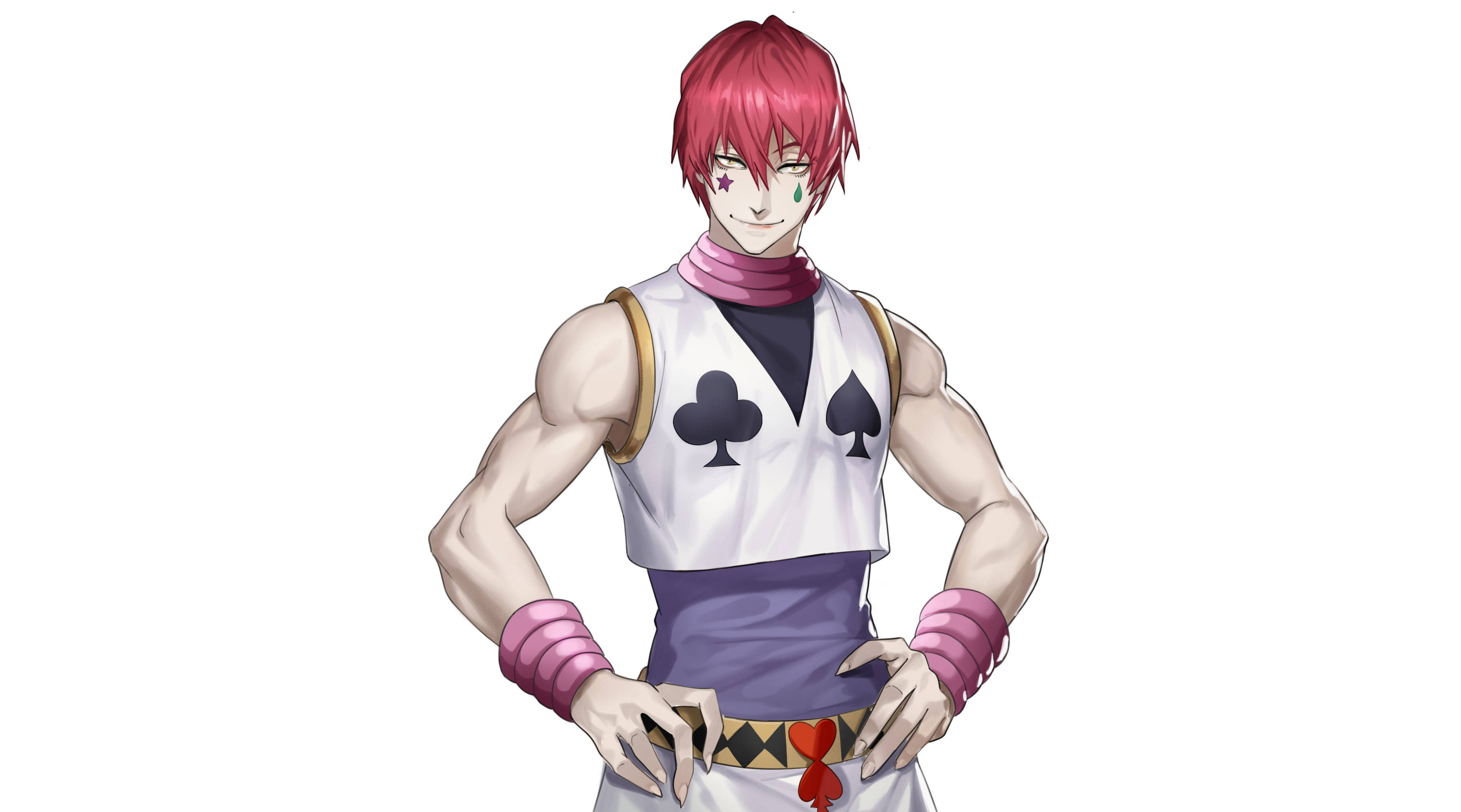 Hisoka Morow, pink hair, card symbols, 2K Desktop Wallpaper