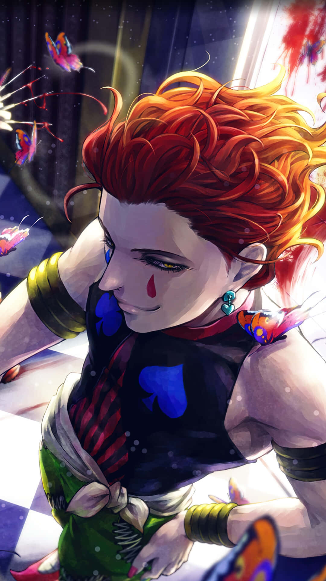 Hisoka Morow, fiery red hair, tear on their cheek, Full HD Phone Wallpaper
